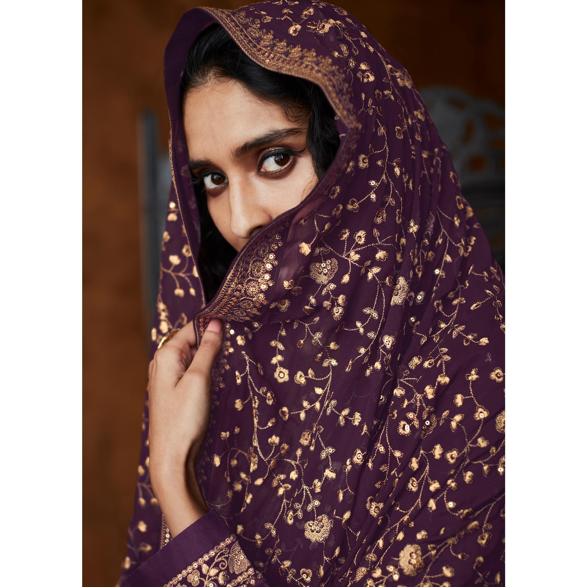 Purple Partywear Embroidered Heavy Faux Georgette Palazzo Suit - Peachmode