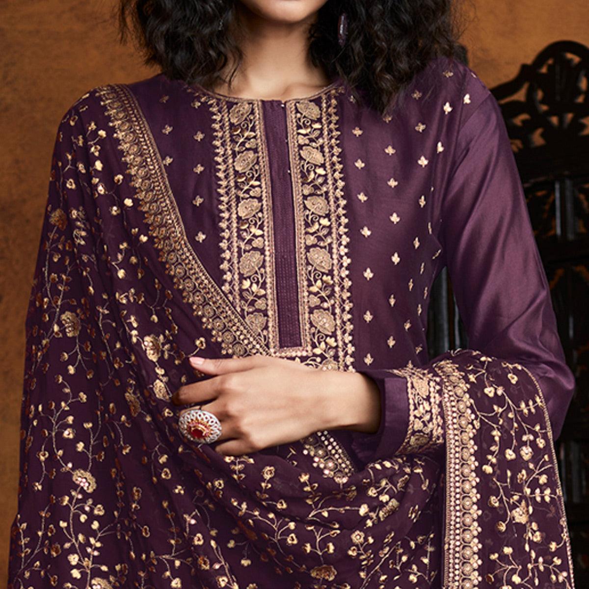 Purple Partywear Embroidered Heavy Faux Georgette Palazzo Suit - Peachmode