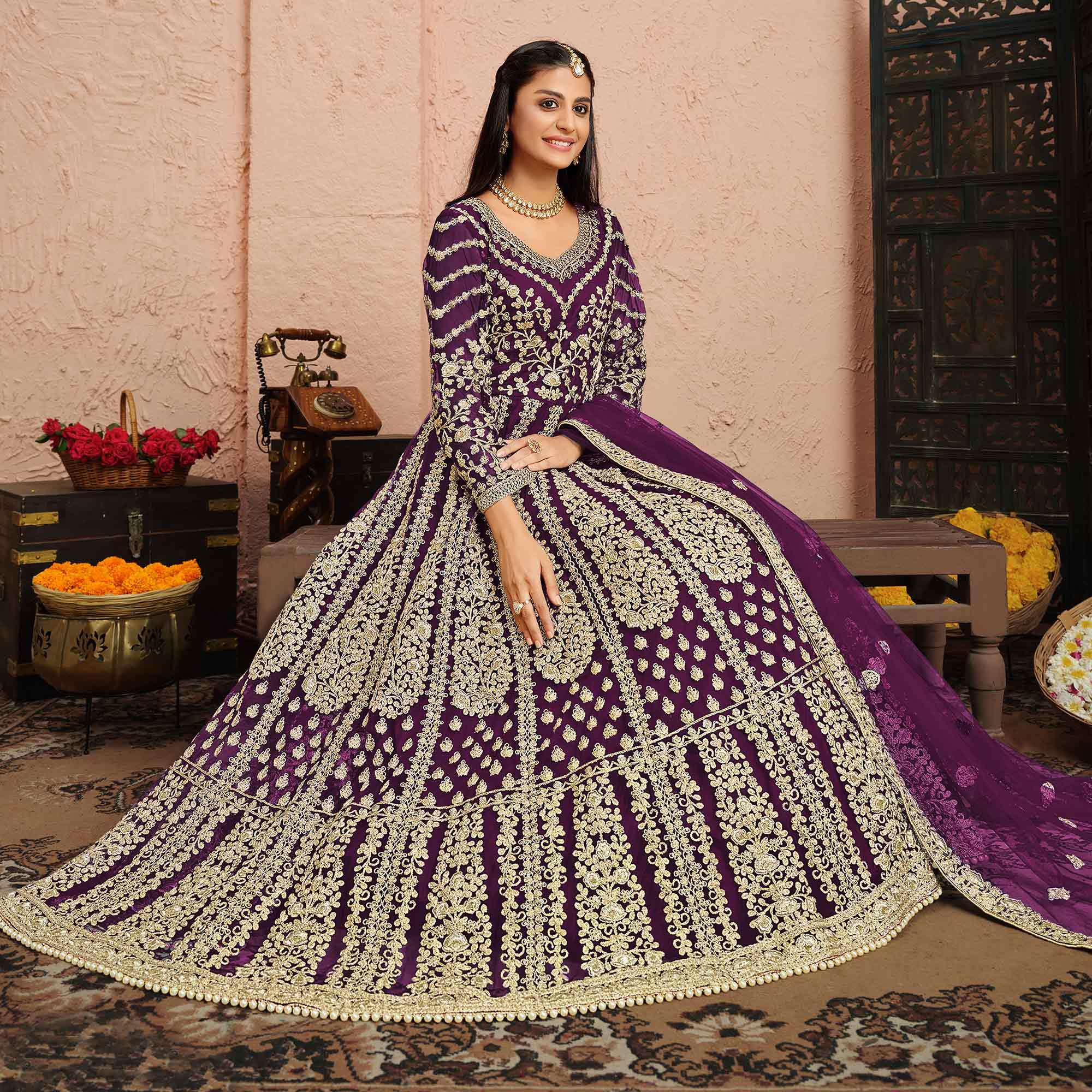 Purple Partywear Embroidered Net Anarkali Suit - Peachmode