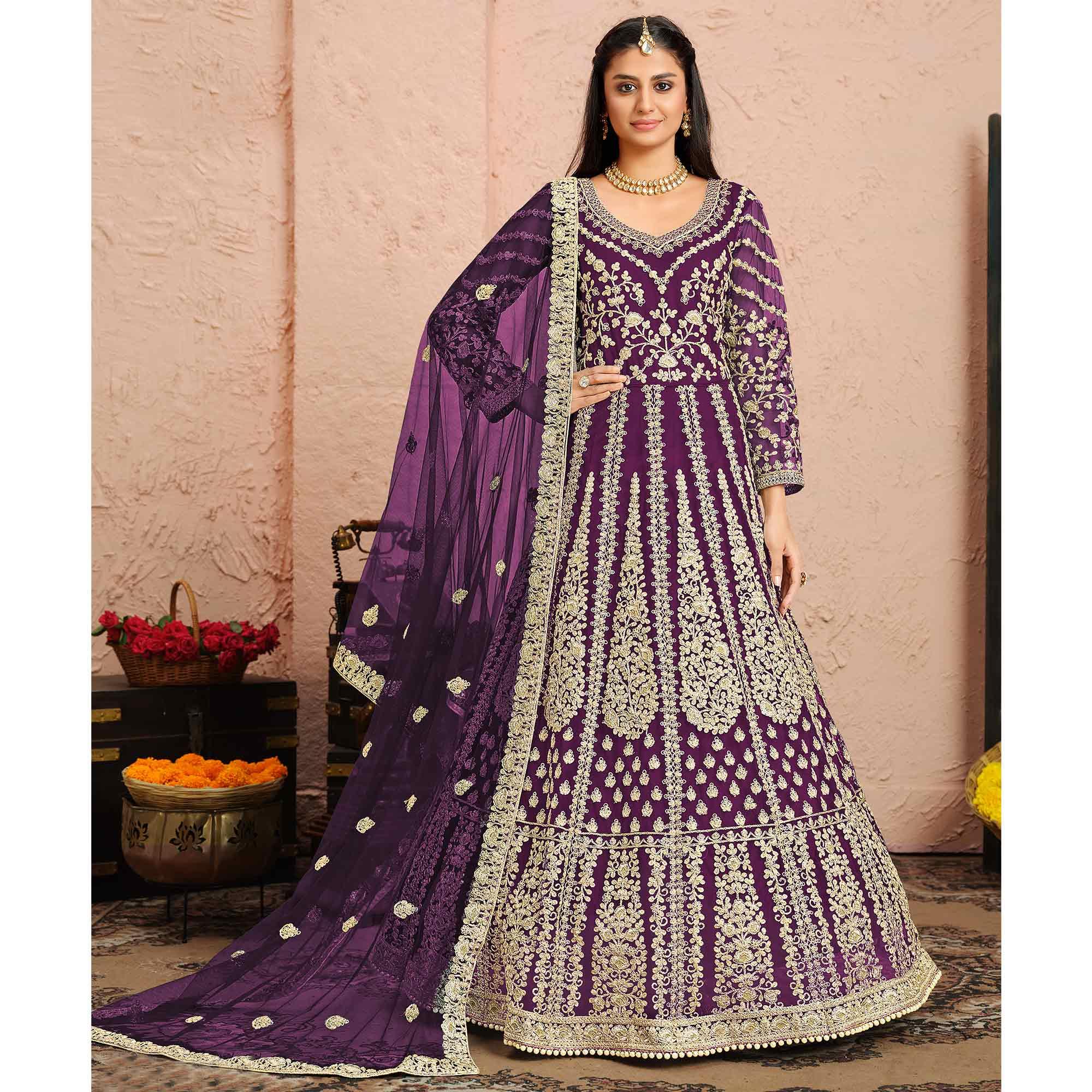 Purple Partywear Embroidered Net Anarkali Suit - Peachmode