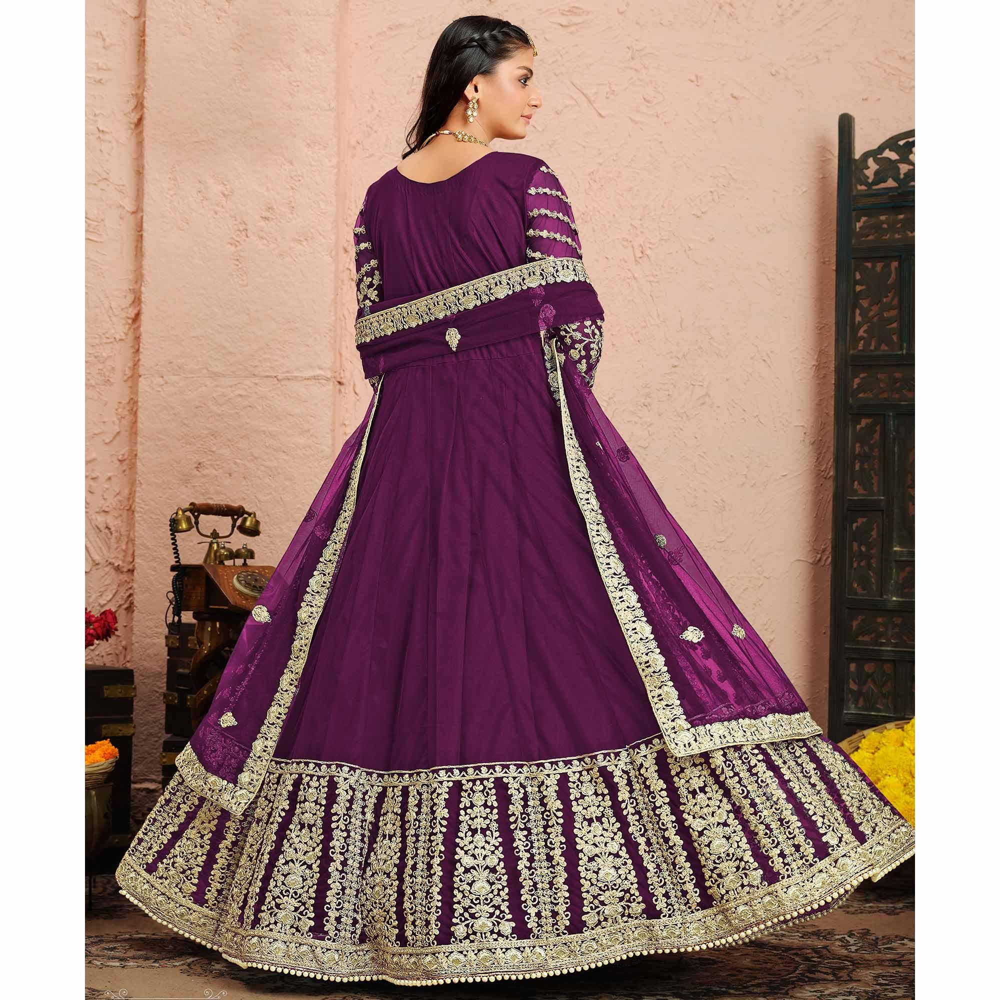 Purple Partywear Embroidered Net Anarkali Suit - Peachmode