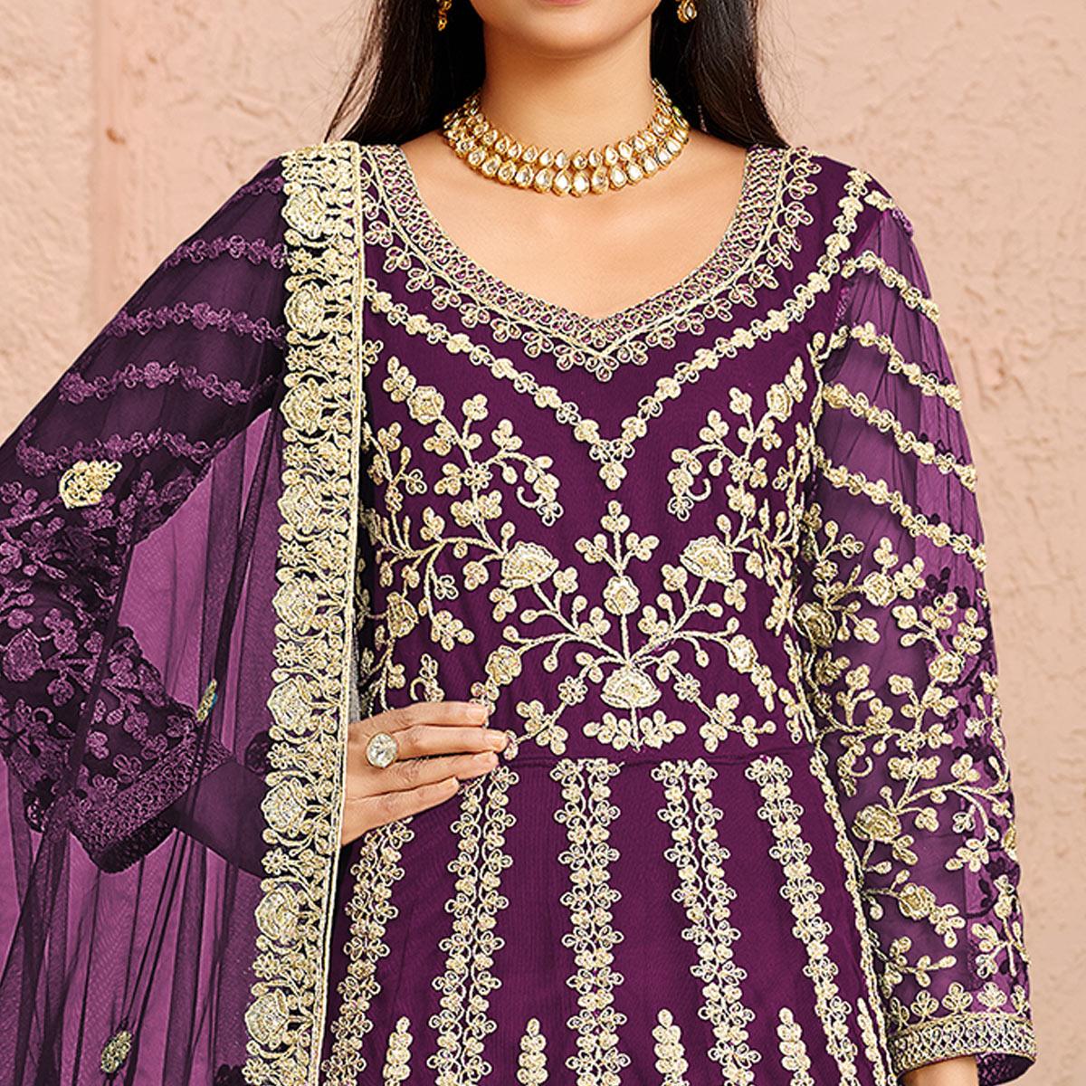 Purple Partywear Embroidered Net Anarkali Suit - Peachmode
