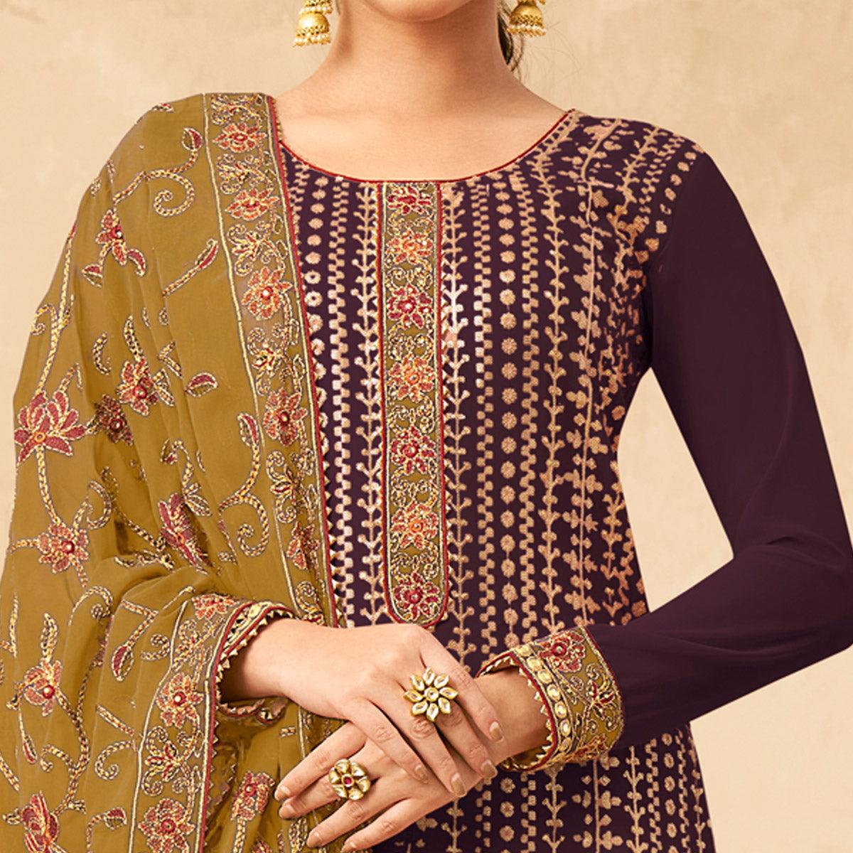 Purple Partywear Embroidered Pure Georgette Kurti Pant Set With Dupatta - Peachmode
