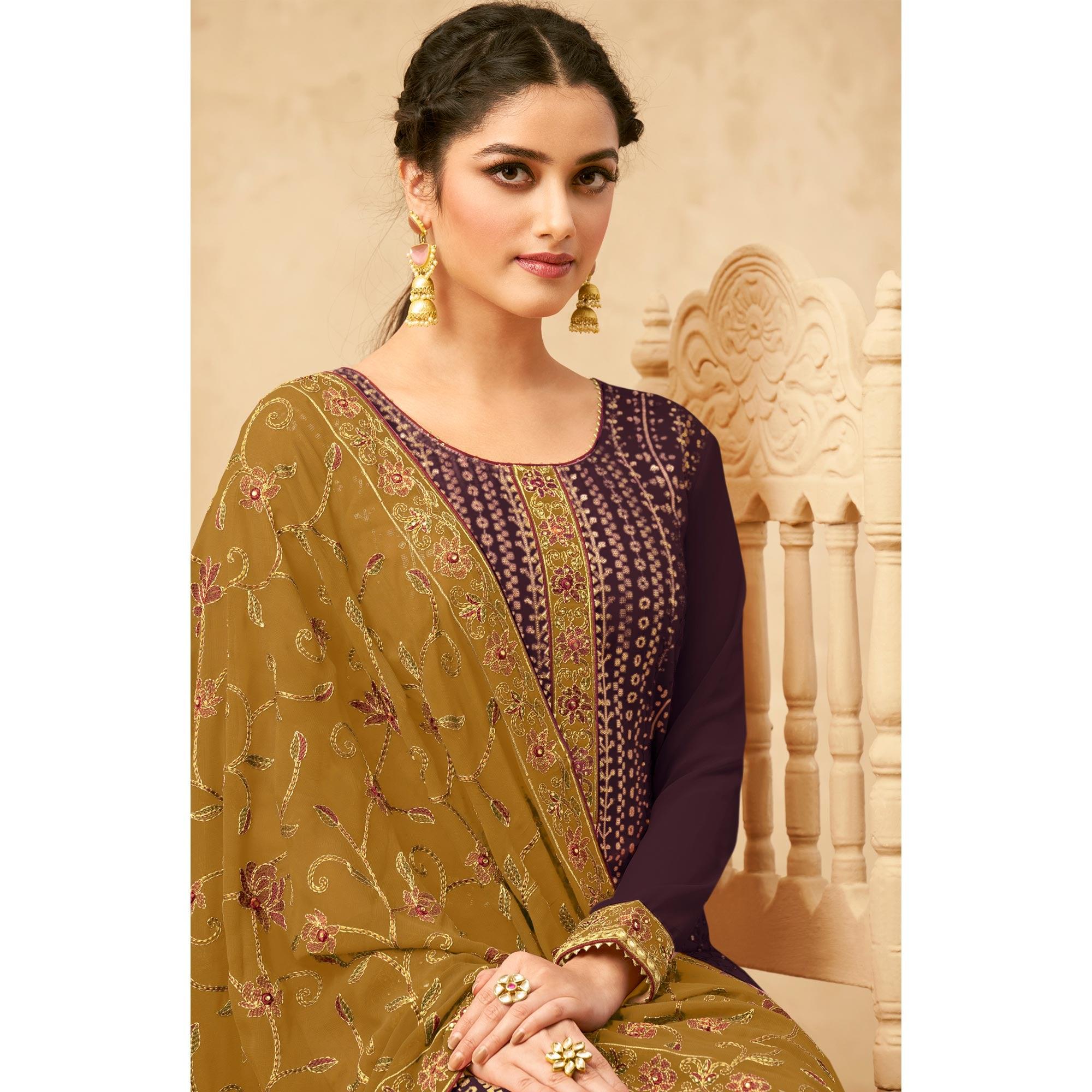 Purple Partywear Embroidered Pure Georgette Kurti Pant Set With Dupatta - Peachmode