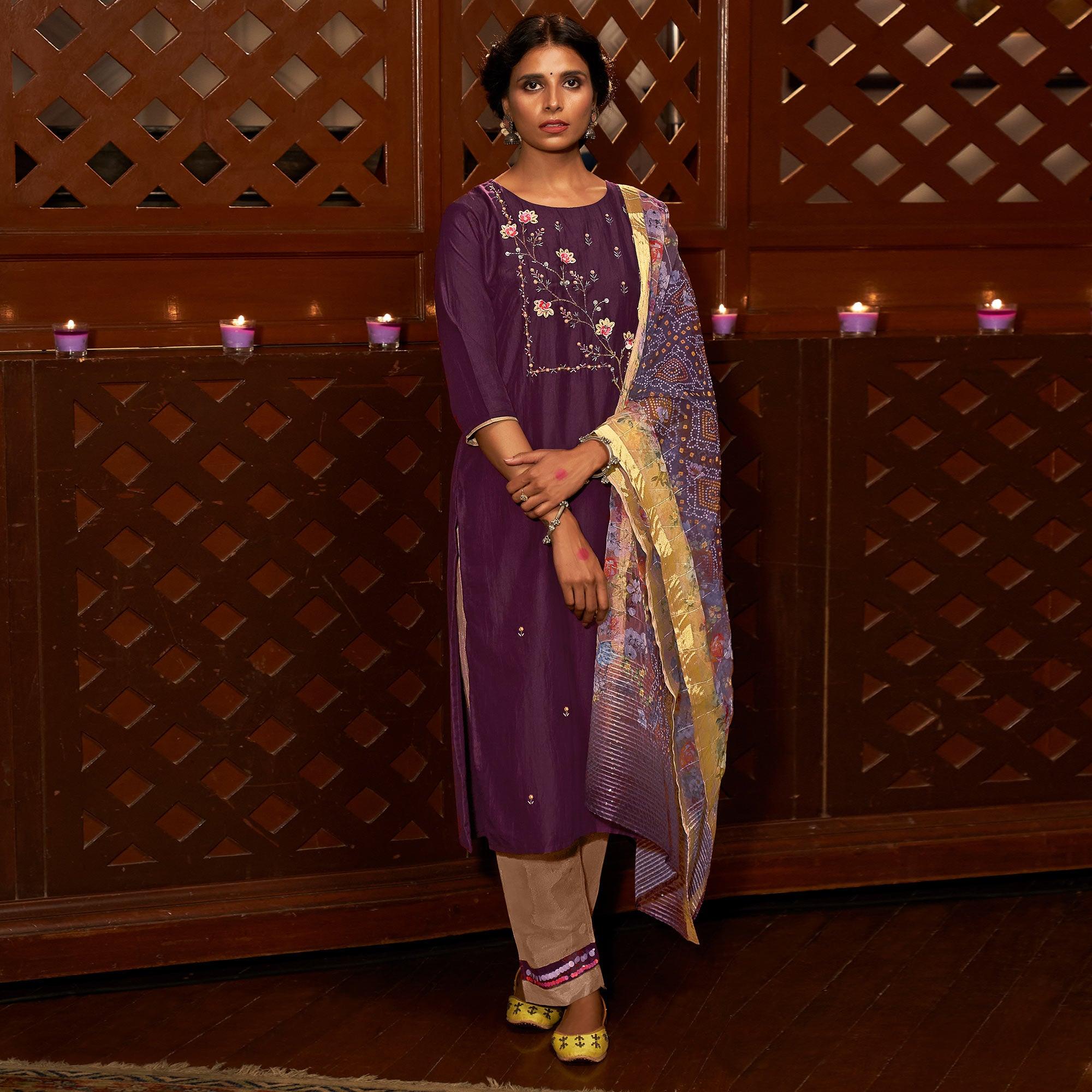 Purple Partywear Embroidered Pure Viscose Silk Suit - Peachmode