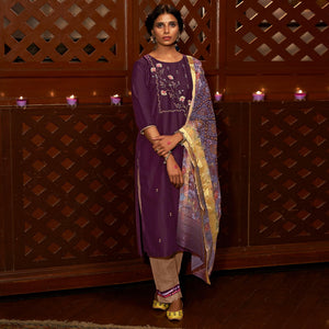 Purple Partywear Embroidered Pure Viscose Silk Suit - Peachmode