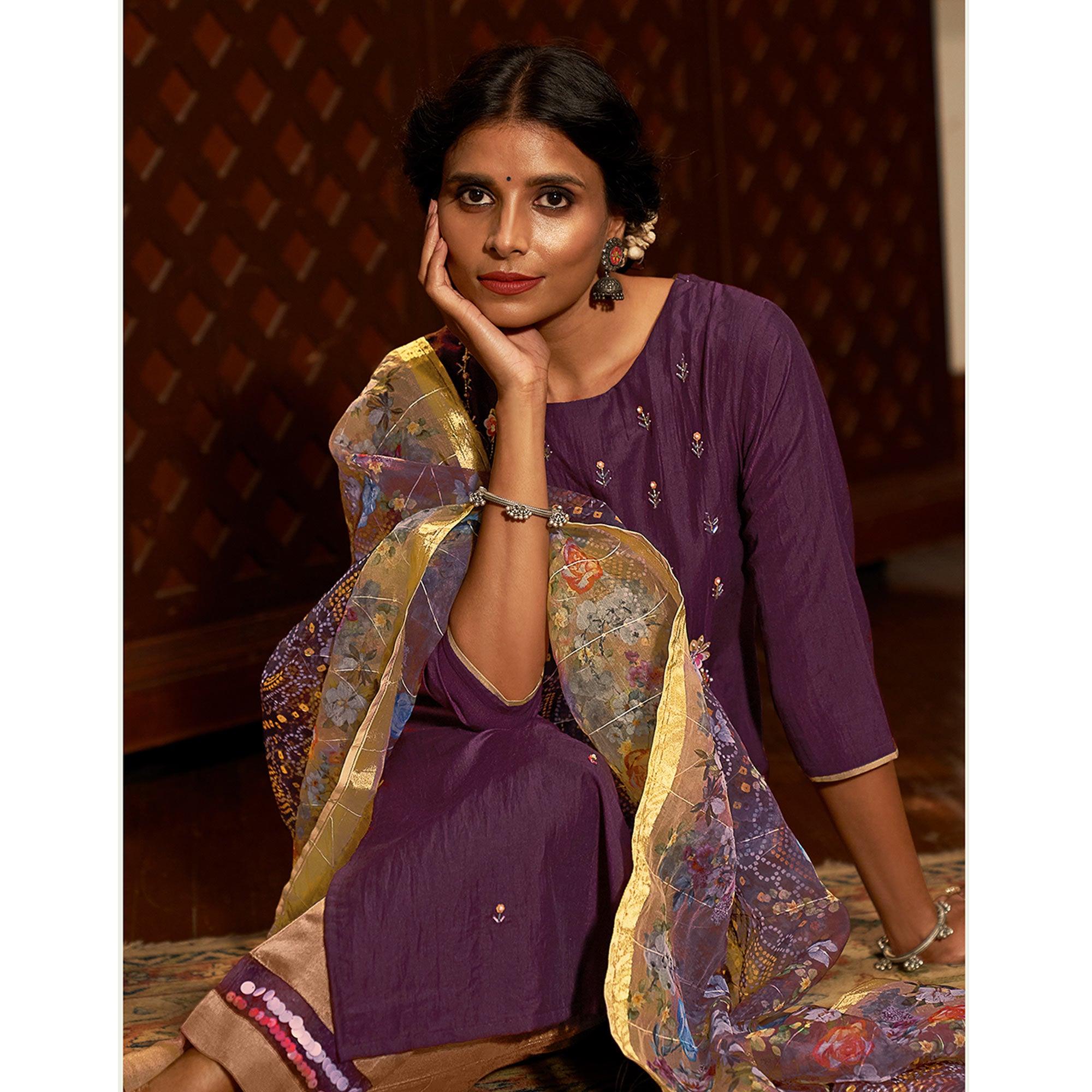 Purple Partywear Embroidered Pure Viscose Silk Suit - Peachmode