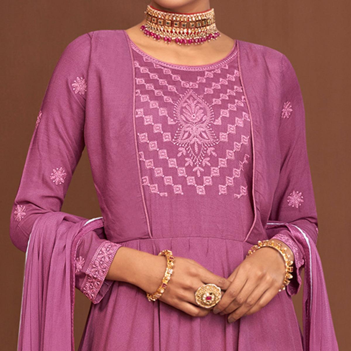 Purple Partywear Embroidered Rayon Palazzo Suit - Peachmode
