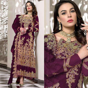 Purple Partywear Embroidered Resham Work Georgette Pakistani Suit - Peachmode