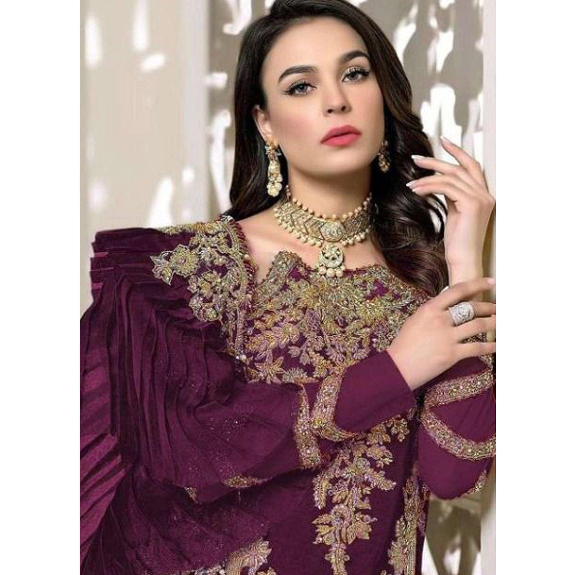 Purple Partywear Embroidered Resham Work Georgette Pakistani Suit - Peachmode