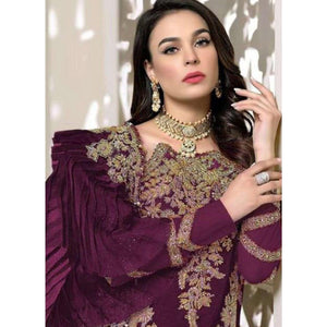 Purple Partywear Embroidered Resham Work Georgette Pakistani Suit - Peachmode