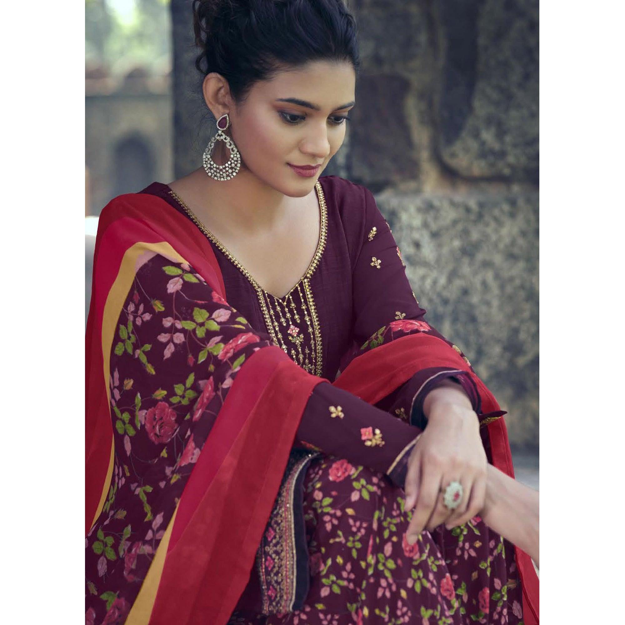 Purple Partywear Embroidered Royal French Crepe Patiala Suit - Peachmode
