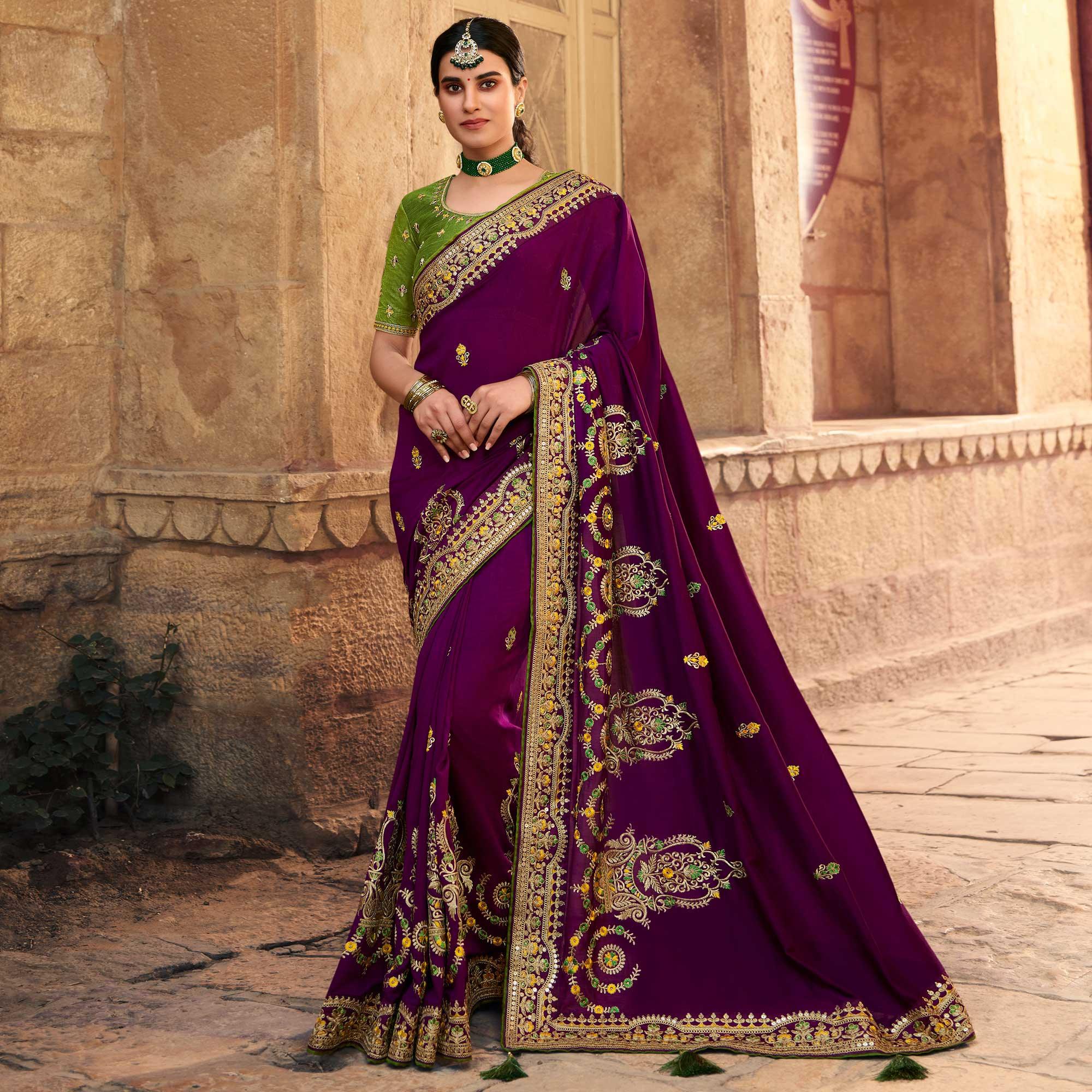 Purple Partywear Embroidered Silk Saree - Peachmode