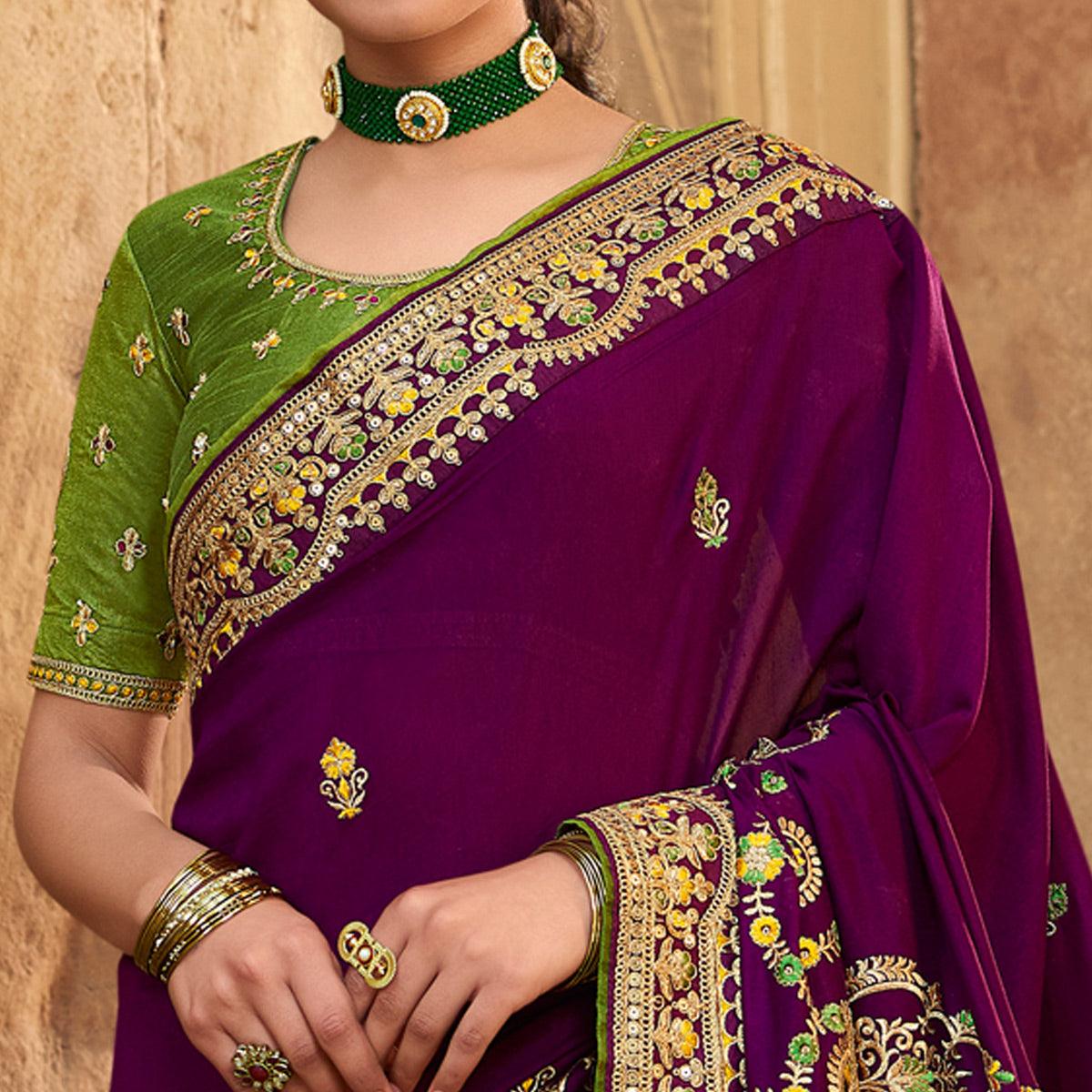 Purple Partywear Embroidered Silk Saree - Peachmode