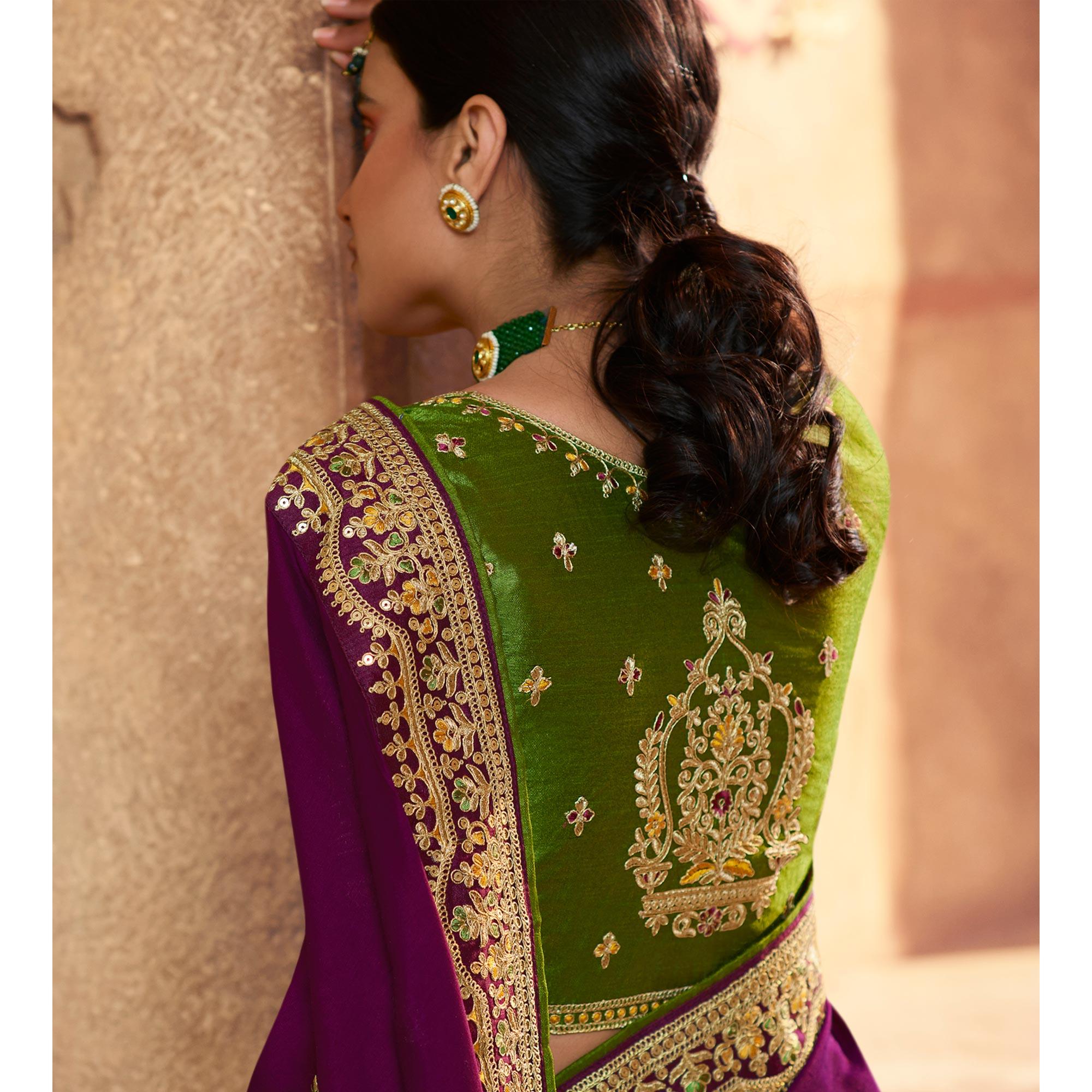 Purple Partywear Embroidered Silk Saree - Peachmode
