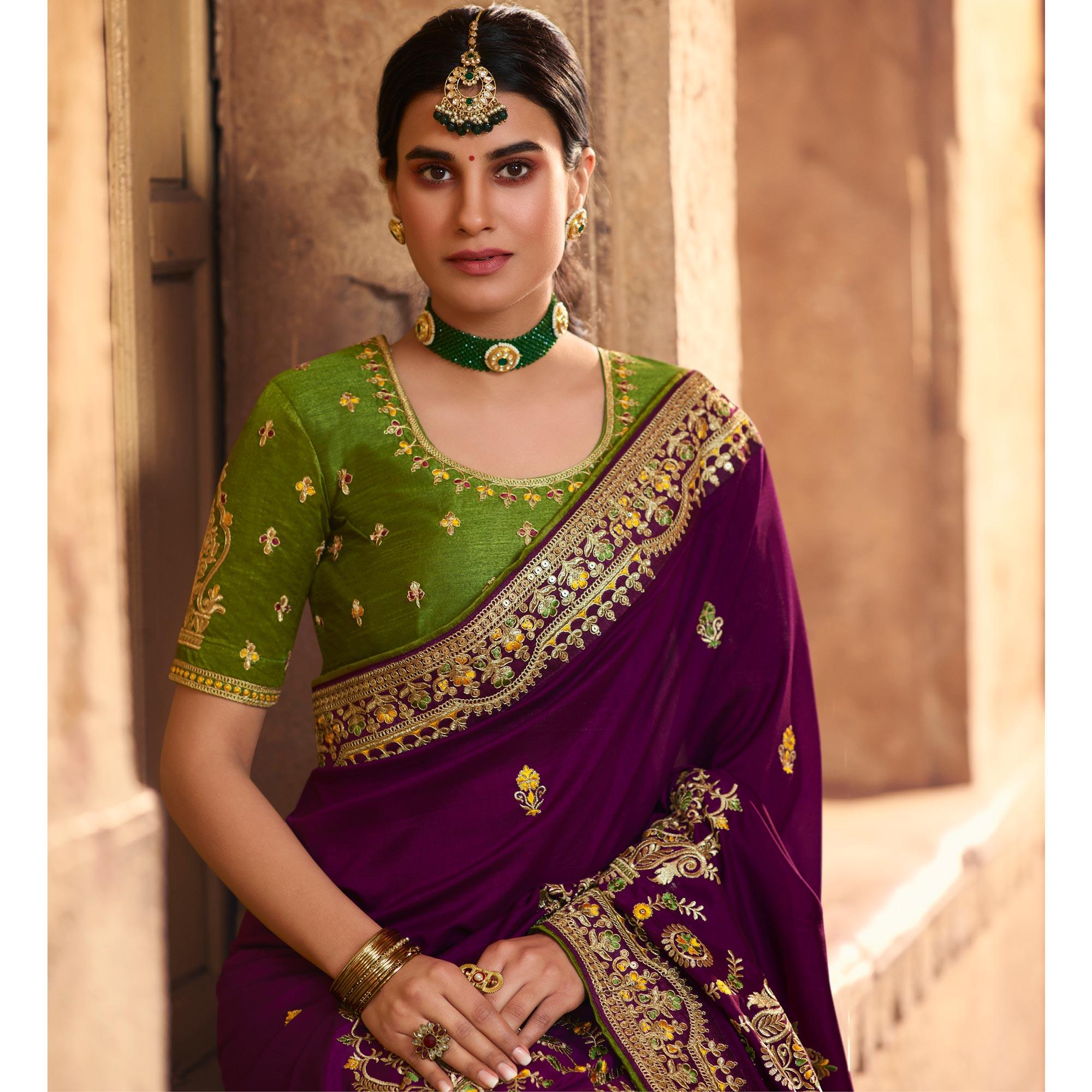 Purple Partywear Embroidered Silk Saree - Peachmode