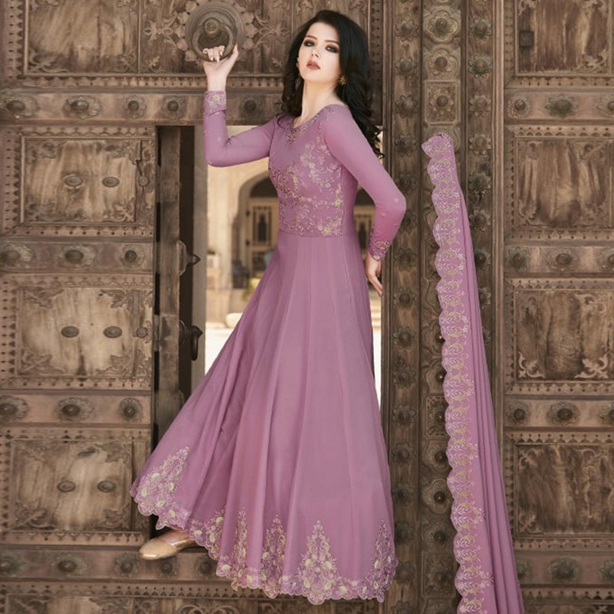 Purple Partywear Embroidered Soft Georgette Suit - Peachmode