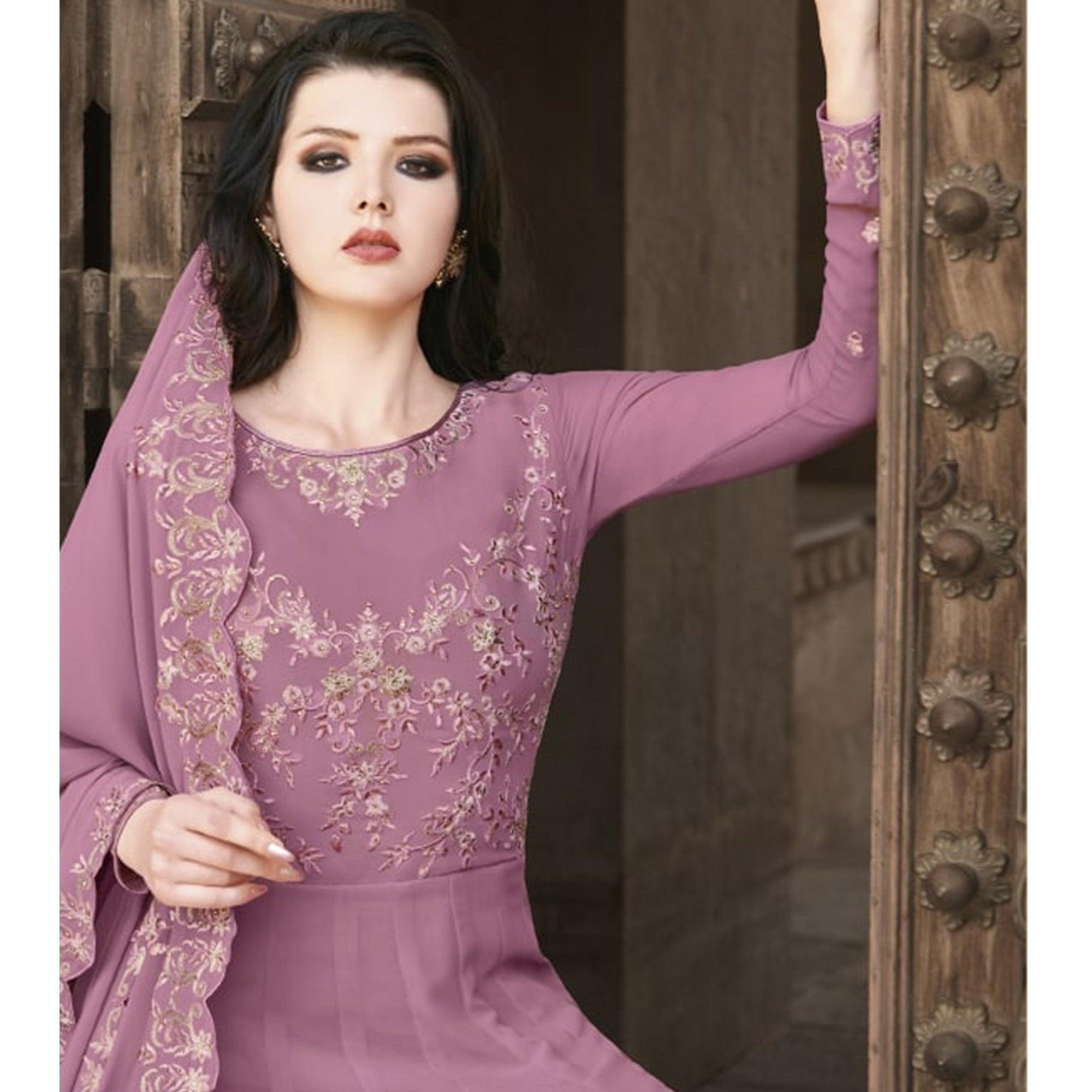 Purple Partywear Embroidered Soft Georgette Suit - Peachmode