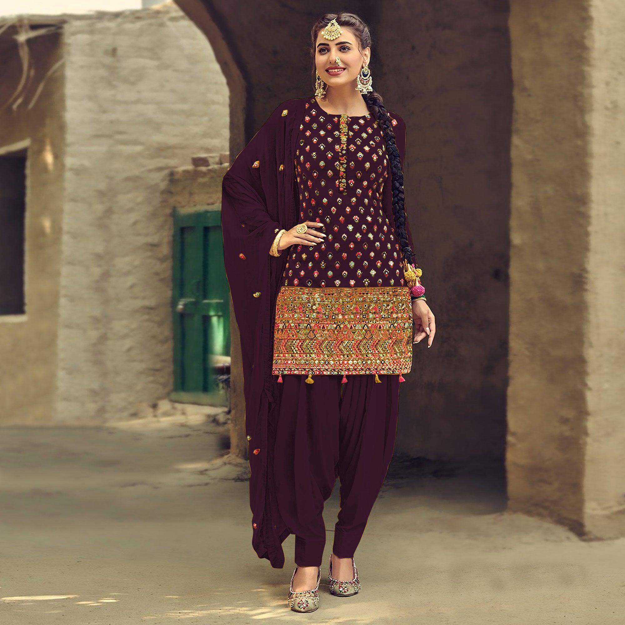 Purple Partywear Embroidered with Sequence Work Heavy Faux Georgette Patiala Suit - Peachmode
