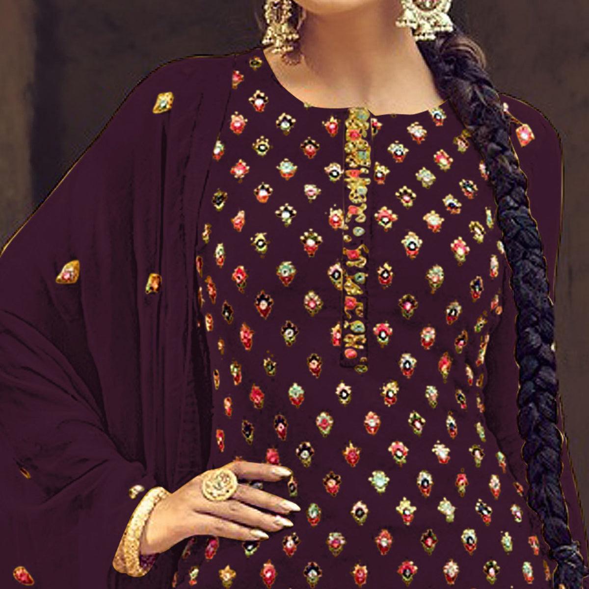 Purple Partywear Embroidered with Sequence Work Heavy Faux Georgette Patiala Suit - Peachmode