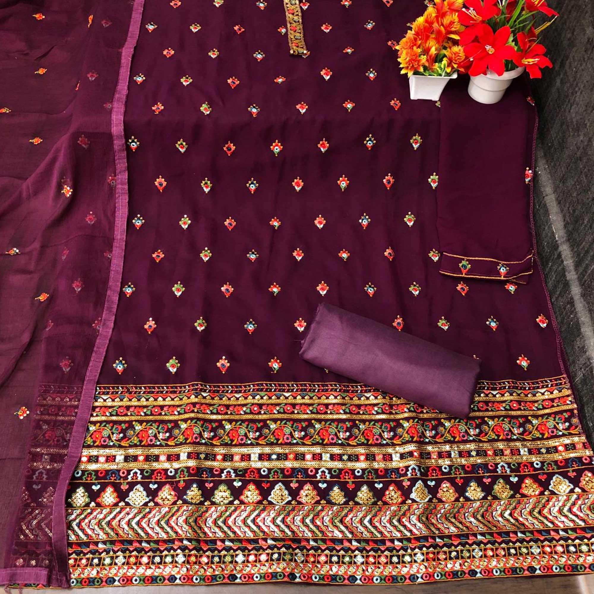 Purple Partywear Embroidered with Sequence Work Heavy Faux Georgette Patiala Suit - Peachmode
