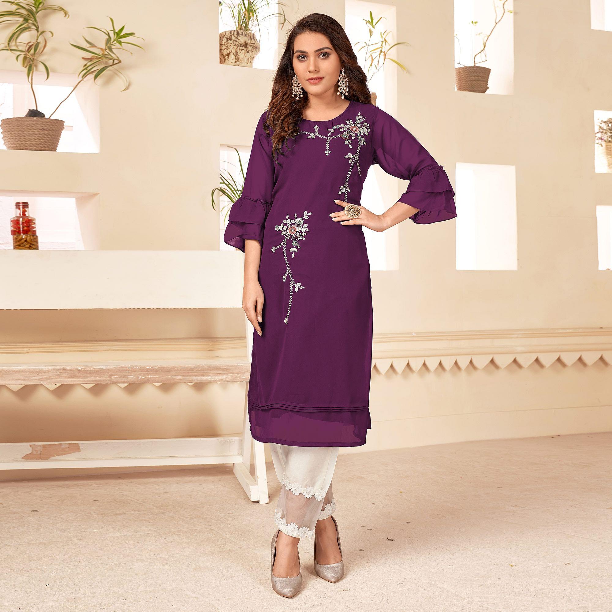 Purple Partywear Floral Embroidered Georgette Kurti Pant set - Peachmode