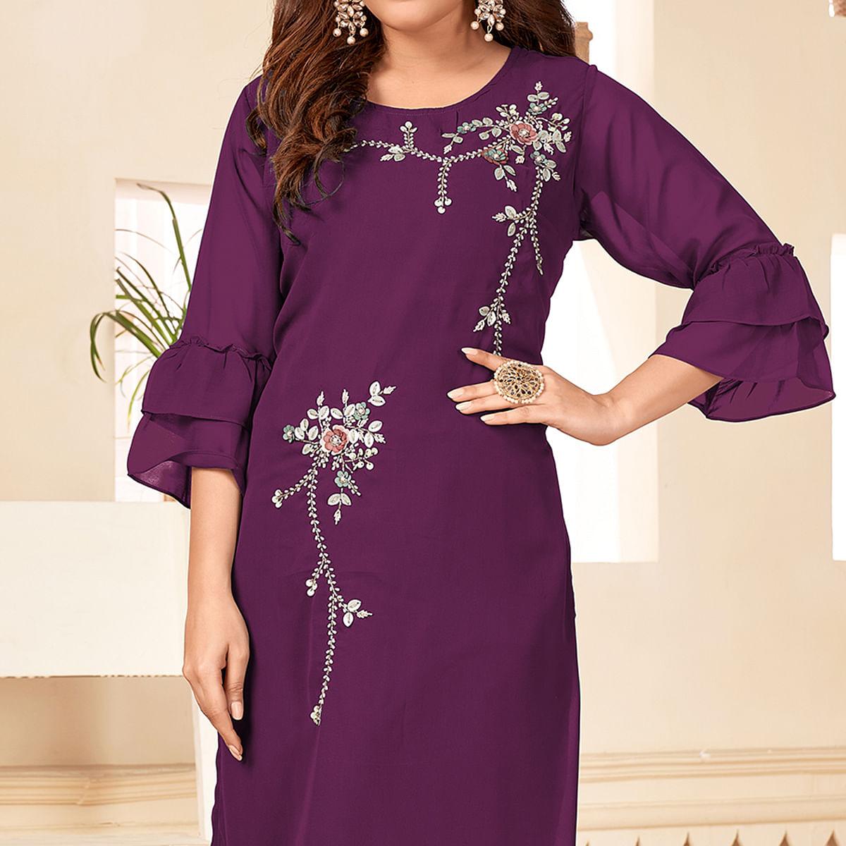 Purple Partywear Floral Embroidered Georgette Kurti Pant set - Peachmode