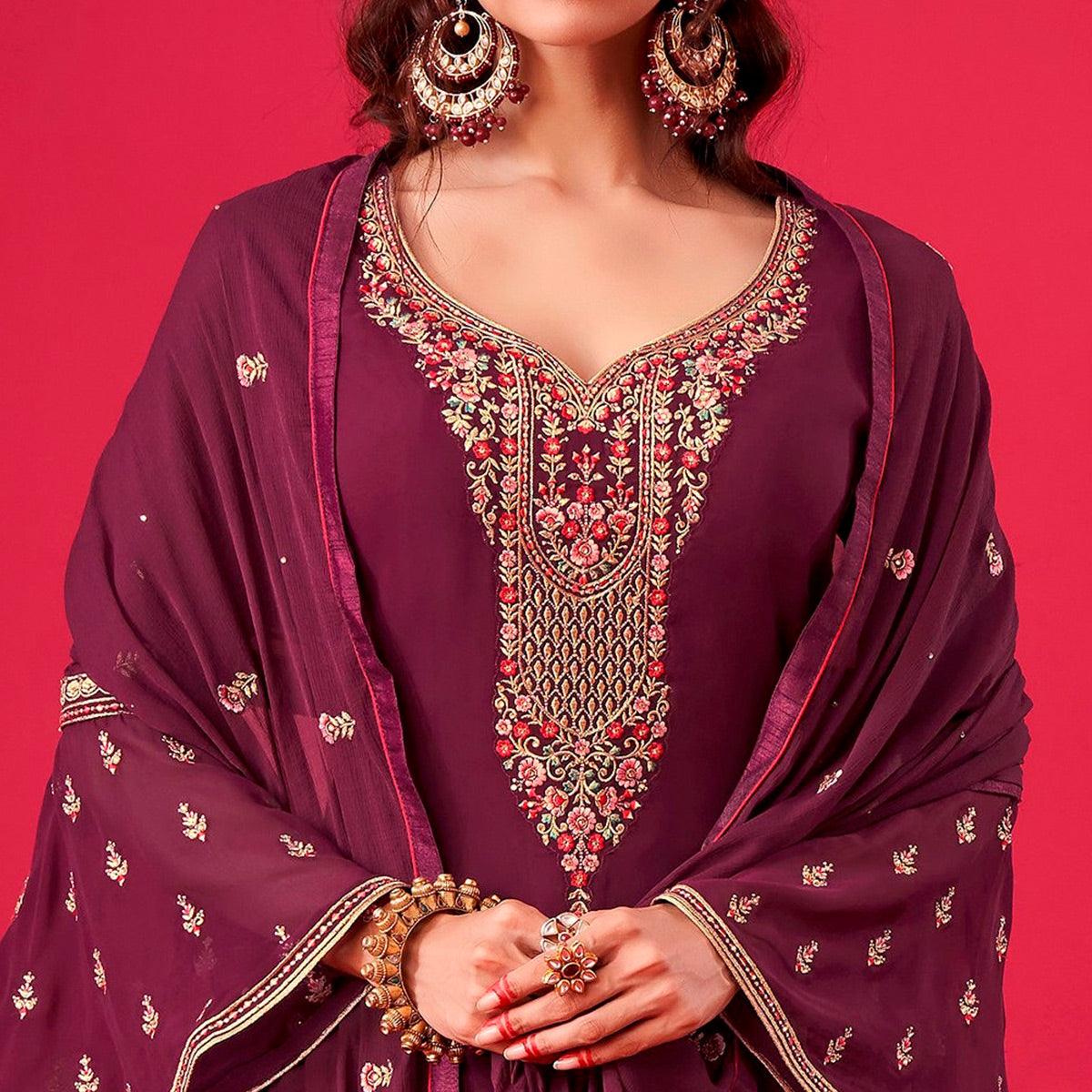 Purple Partywear Floral Embroidered Georgette Straight Salwar Suit - Peachmode
