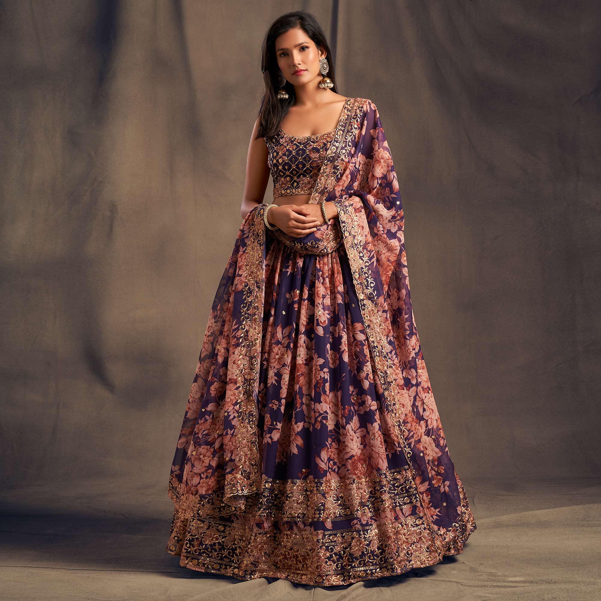 Purple Partywear Floral Print With Sequin Zari Embroidered Organza Lehenga Choli - Peachmode