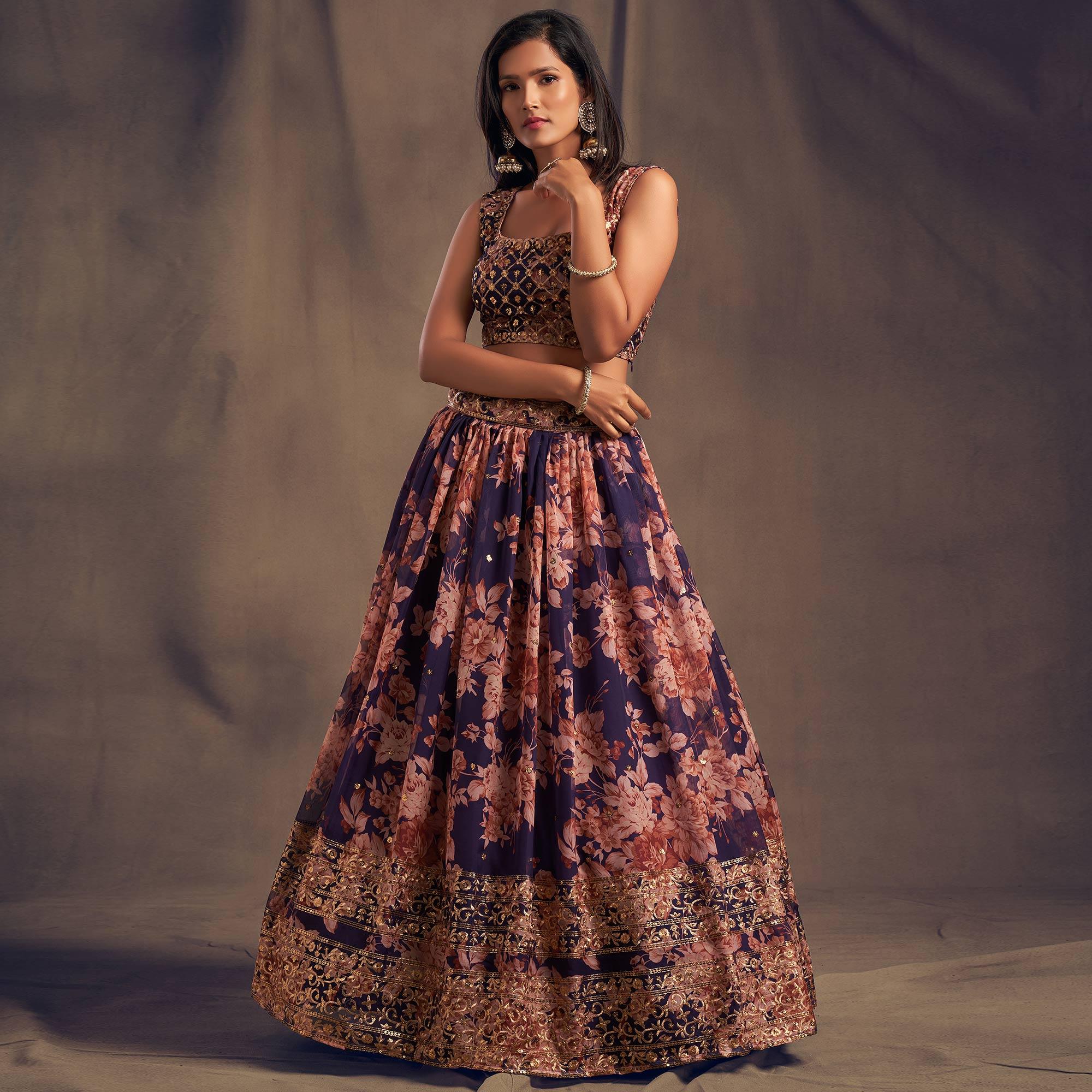 Purple Partywear Floral Print With Sequin Zari Embroidered Organza Lehenga Choli - Peachmode