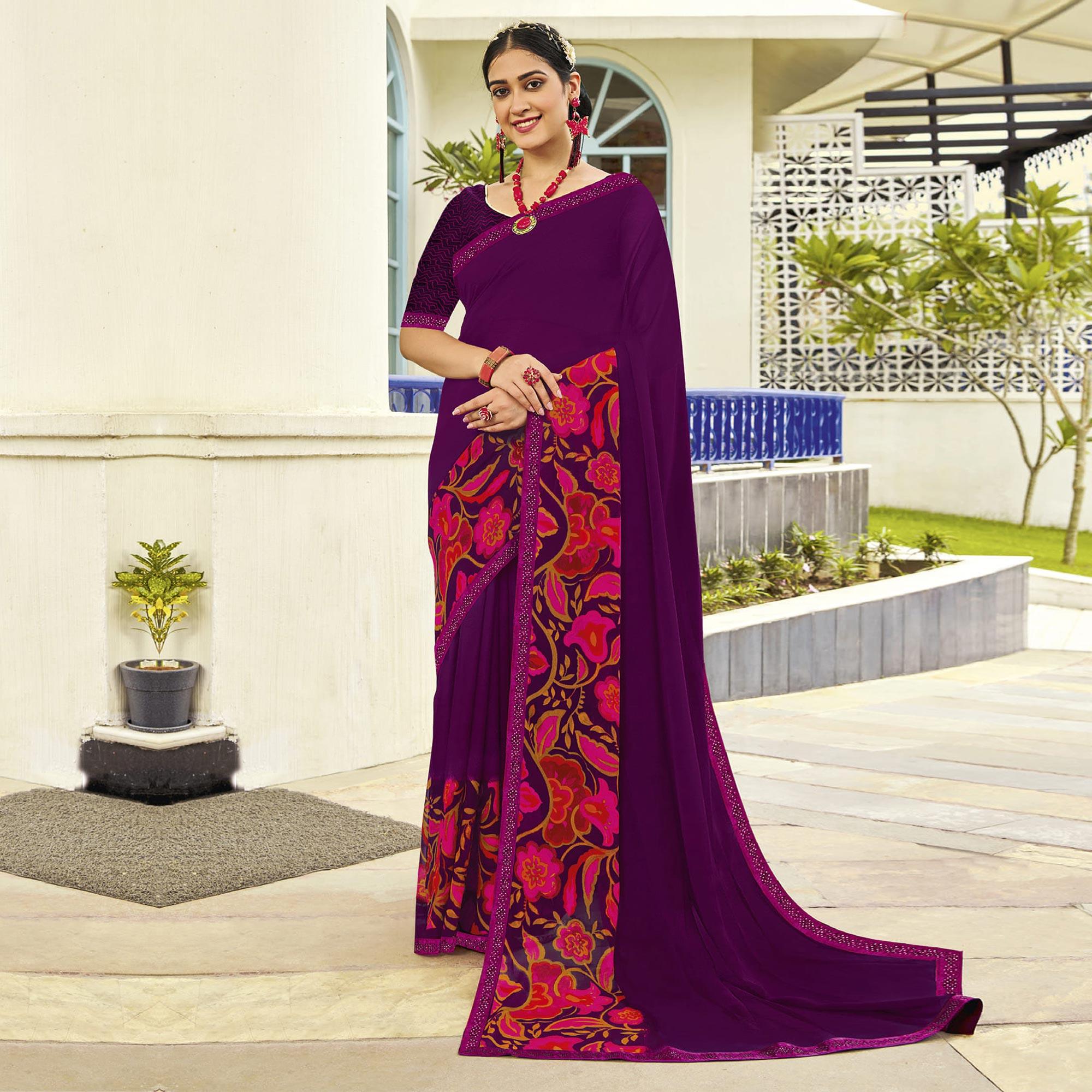 Purple Partywear Floral Printed Georgette Saree - Peachmode