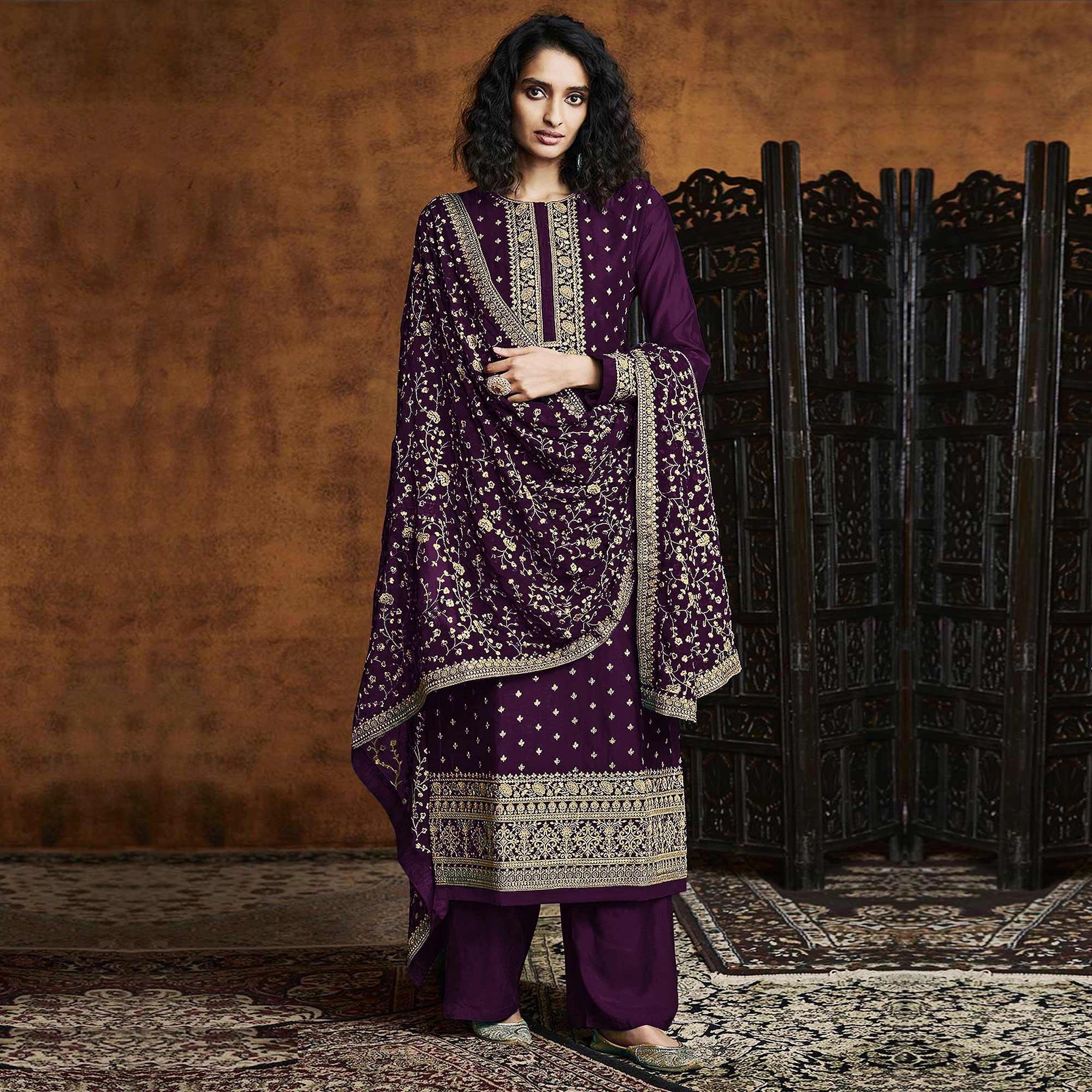 Purple Partywear Floral Sequins Embroidery Georgette Palazzo Suit - Peachmode