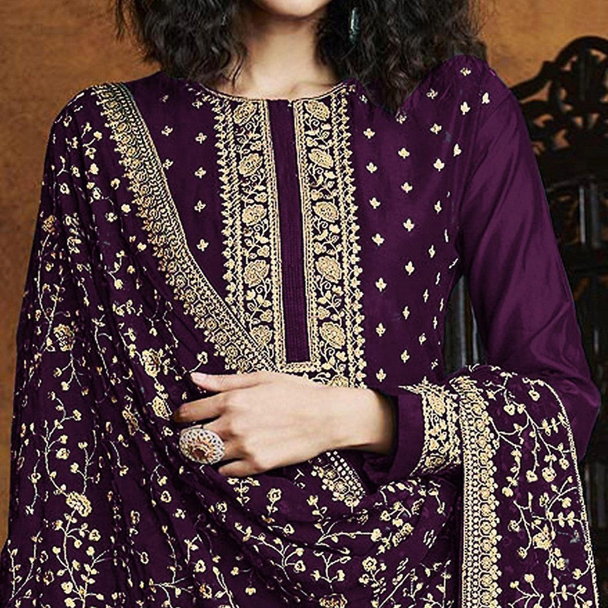 Purple Partywear Floral Sequins Embroidery Georgette Palazzo Suit - Peachmode