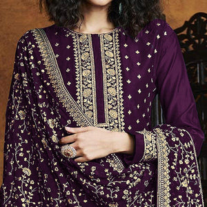 Purple Partywear Floral Sequins Embroidery Georgette Palazzo Suit - Peachmode