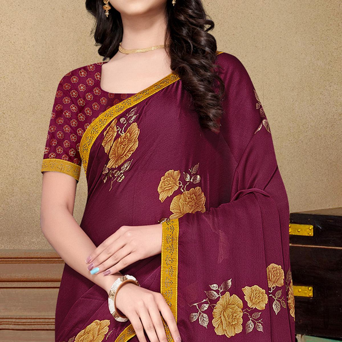 Purple Partywear Foil Printed & Embellished Moss Chiffon Saree - Peachmode