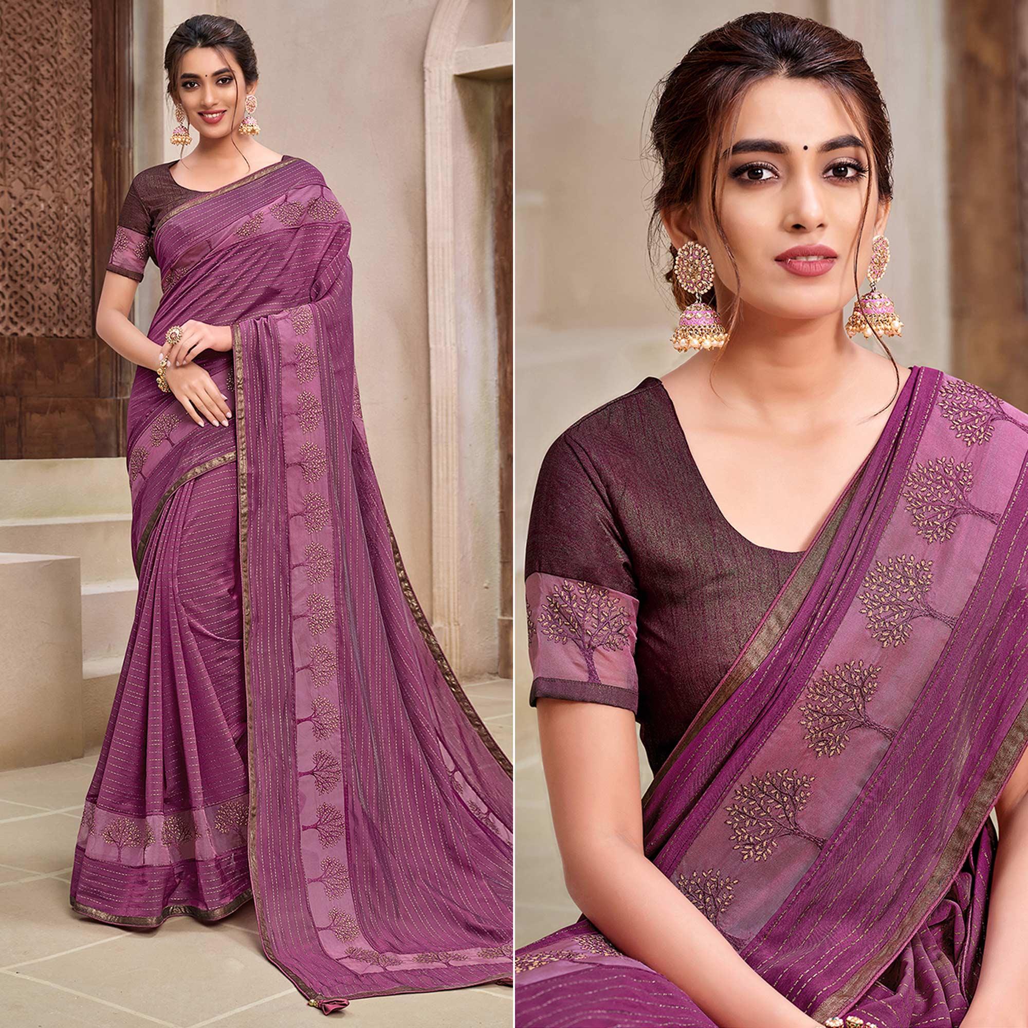 Purple Partywear Foil Printed Georgette Saree - Peachmode