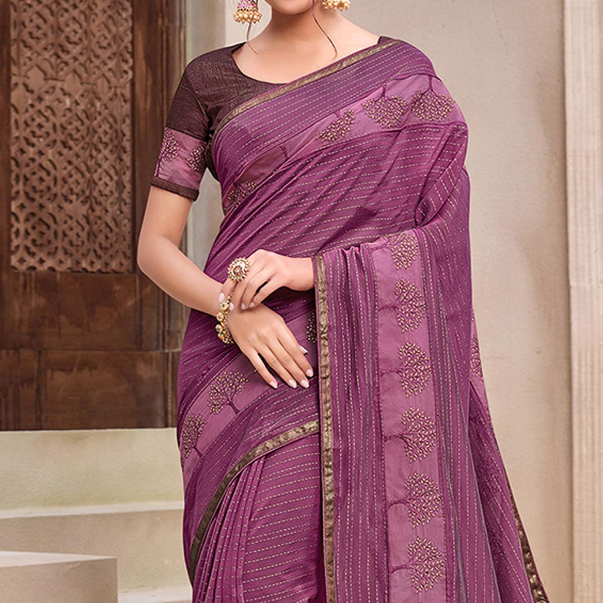 Purple Partywear Foil Printed Georgette Saree - Peachmode
