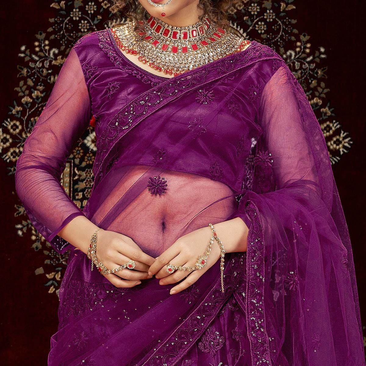 Purple Partywear Multi Sequence Embroidered Net Lehenga Choli - Peachmode