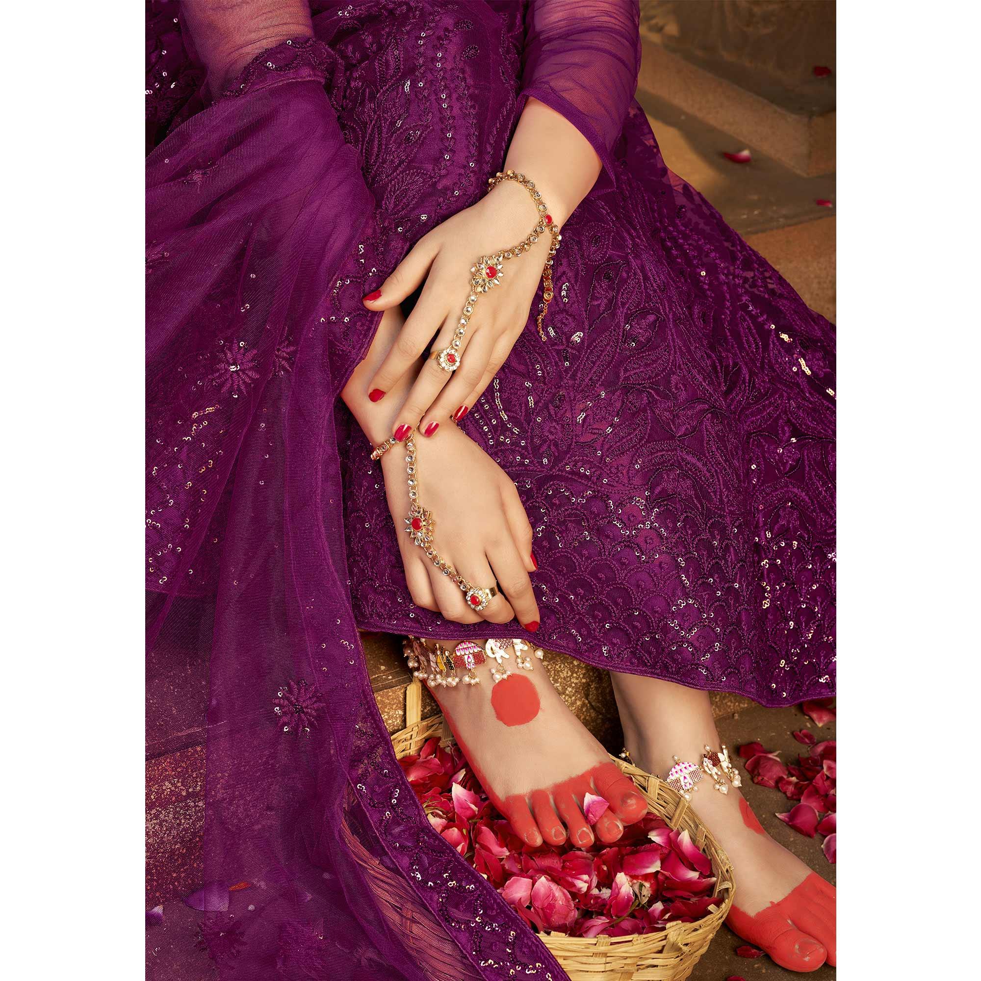 Purple Partywear Multi Sequence Embroidered Net Lehenga Choli - Peachmode