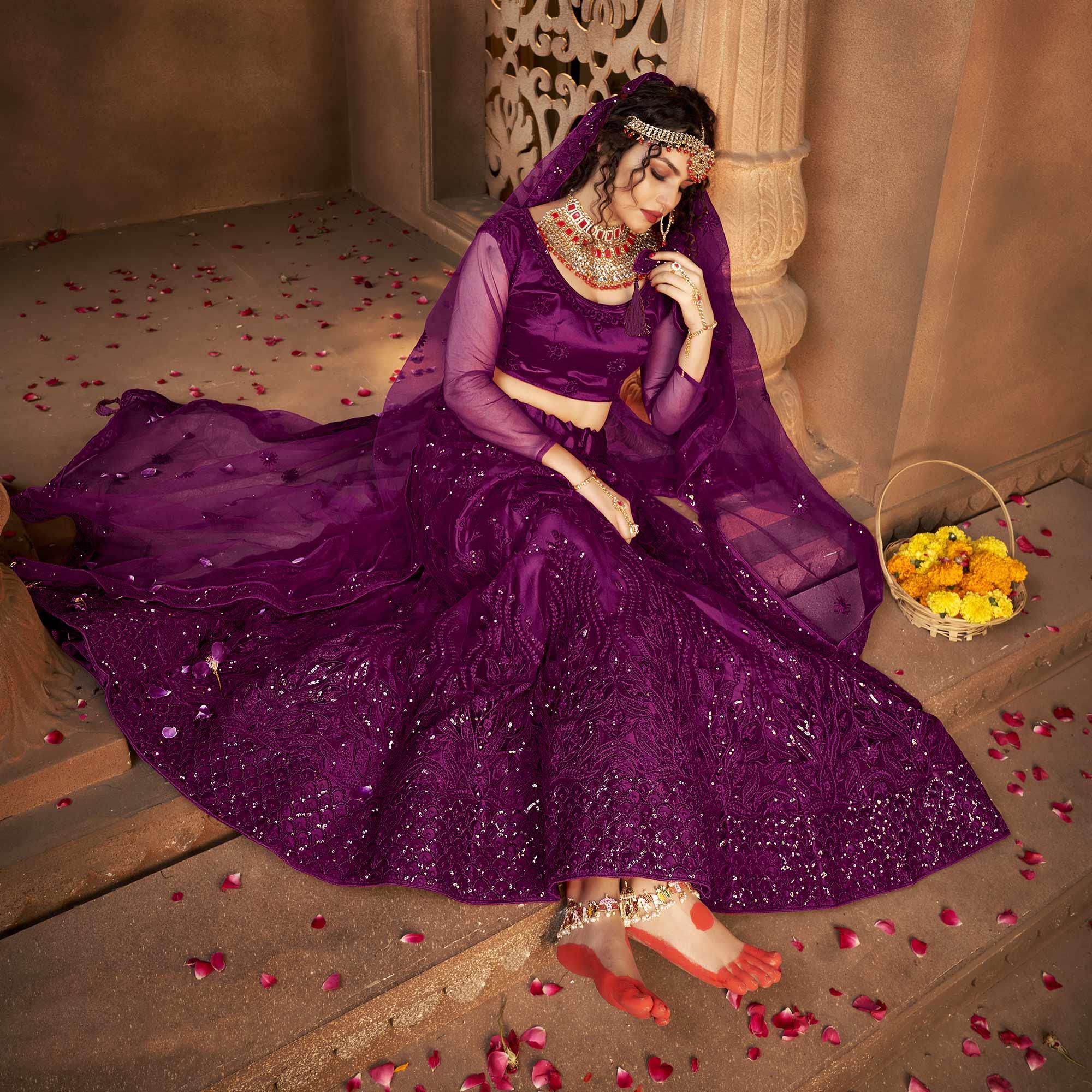 Purple Partywear Multi Sequence Embroidered Net Lehenga Choli - Peachmode