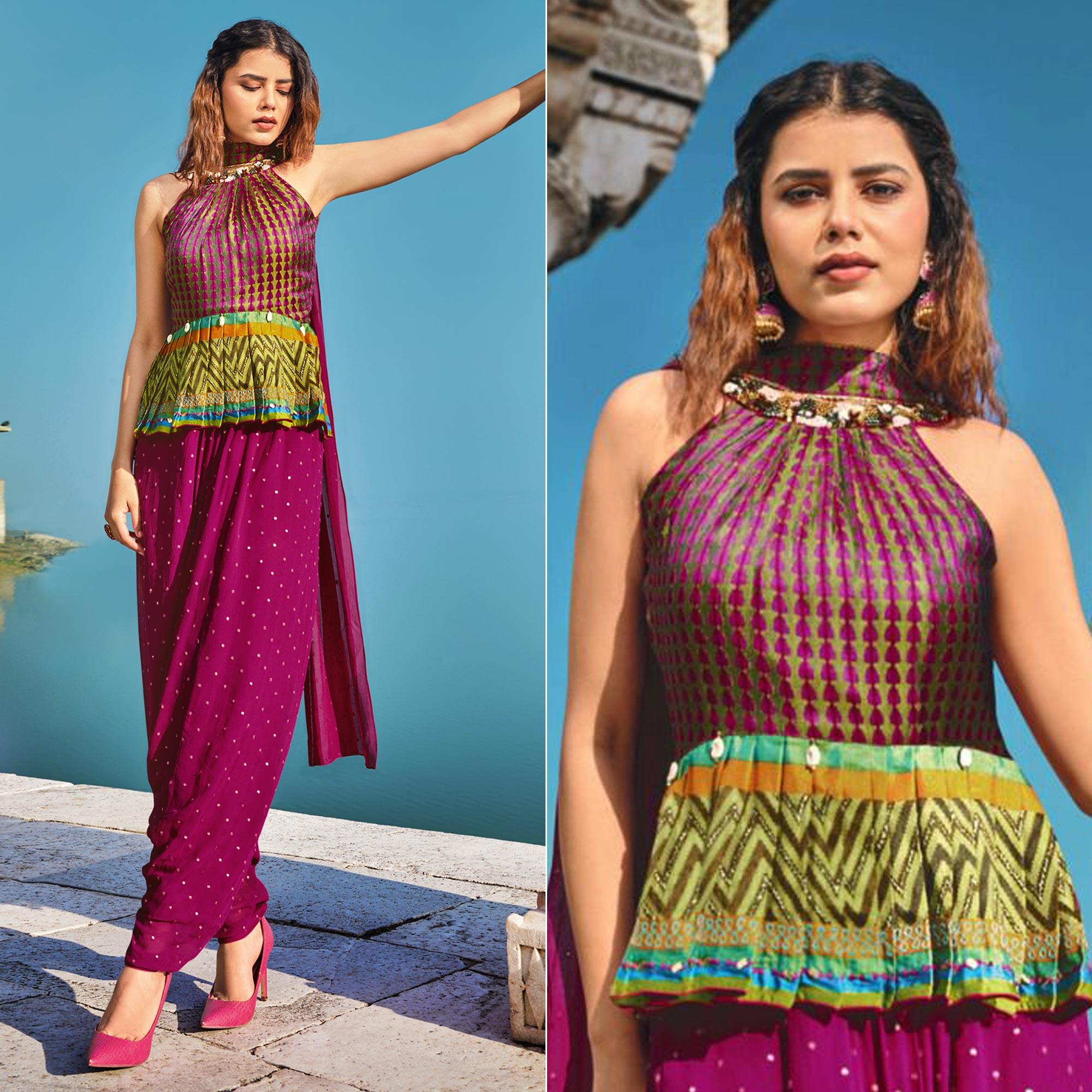 Purple Partywear Printed Silk Dhoti Suit - Peachmode