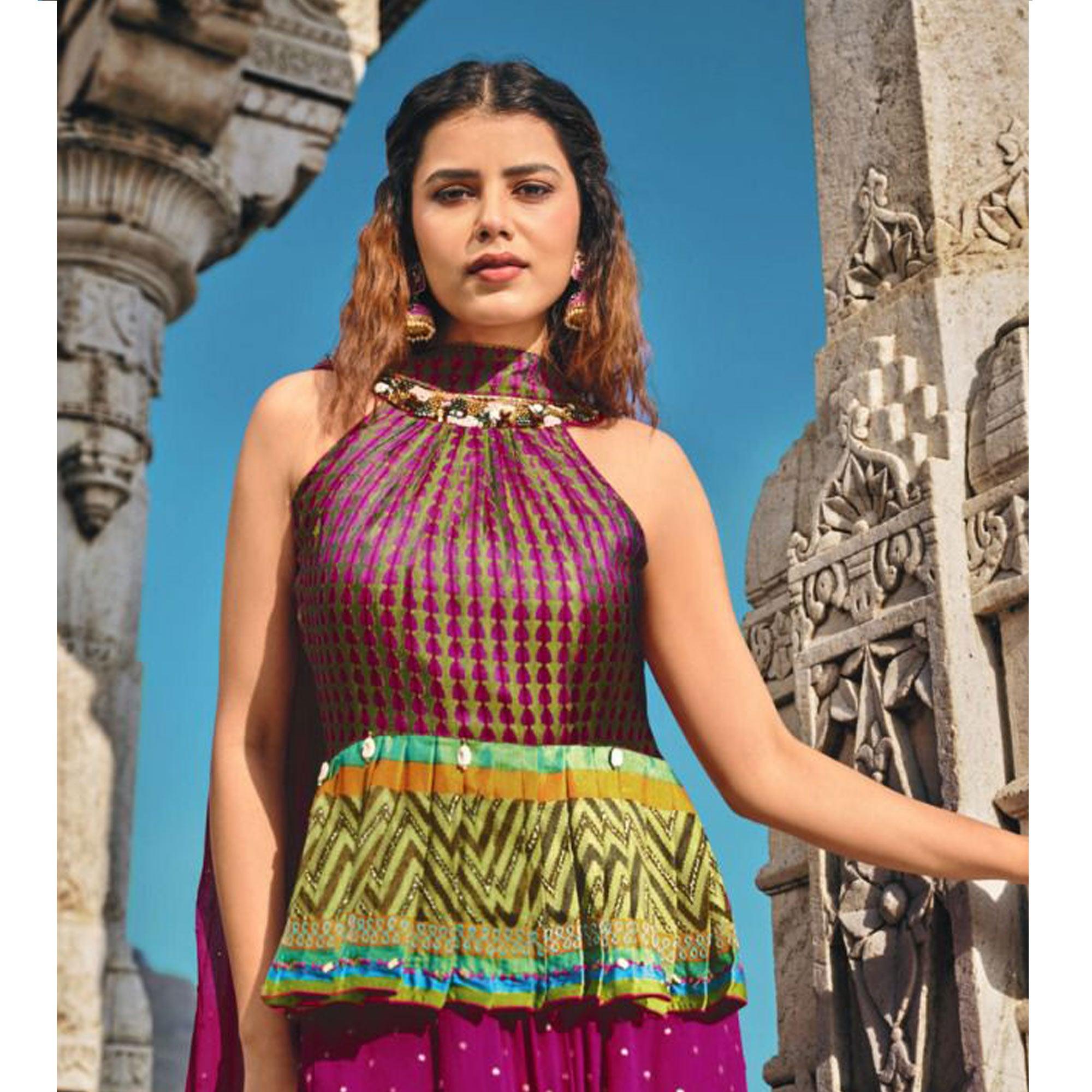 Purple Partywear Printed Silk Dhoti Suit - Peachmode