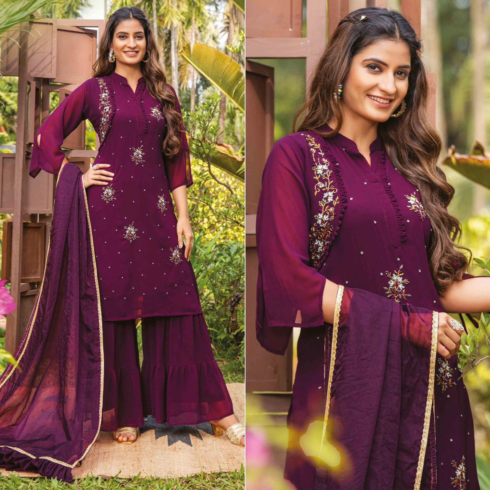 Purple Partywear Resham With Cutdana & Embellished Georgette Sharara Suit - Peachmode