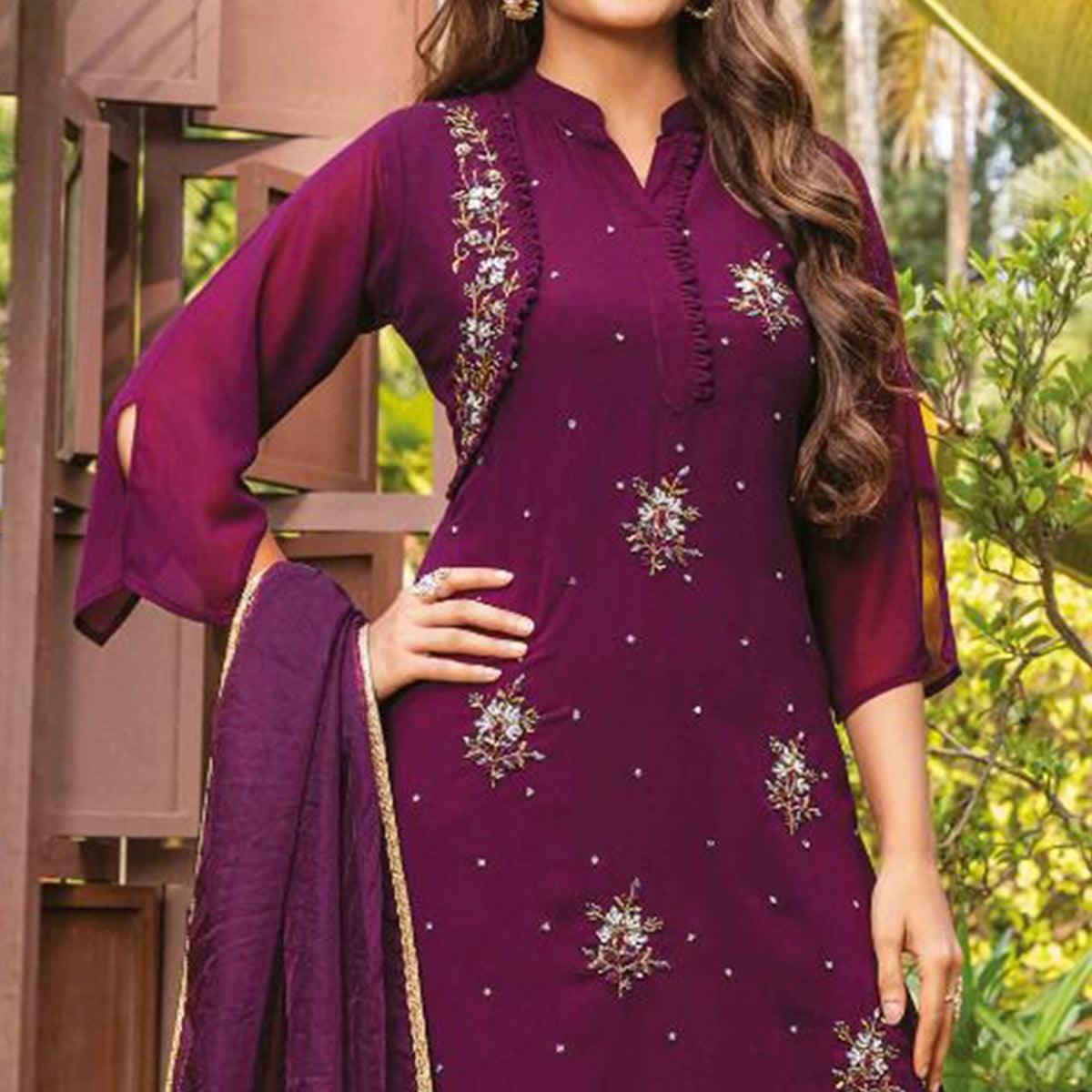 Purple Partywear Resham With Cutdana & Embellished Georgette Sharara Suit - Peachmode