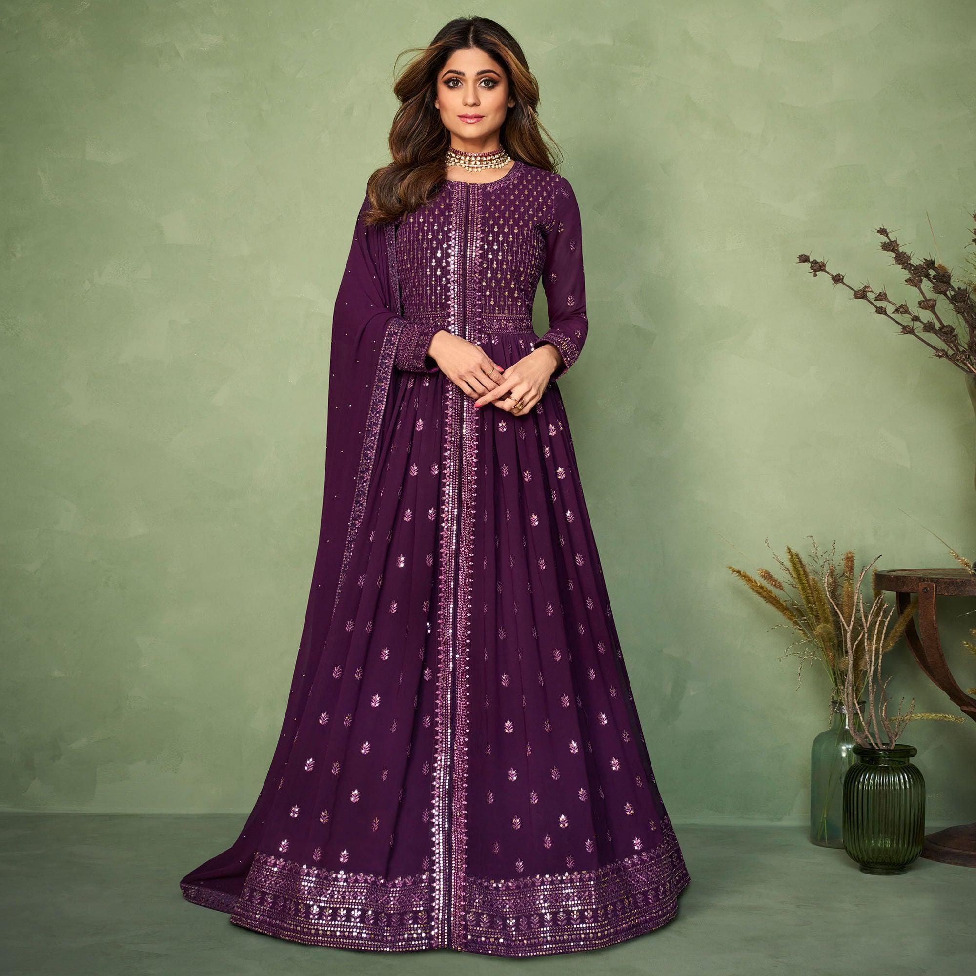 Purple Partywear Sequence Embroidered Georgette Gown - Peachmode