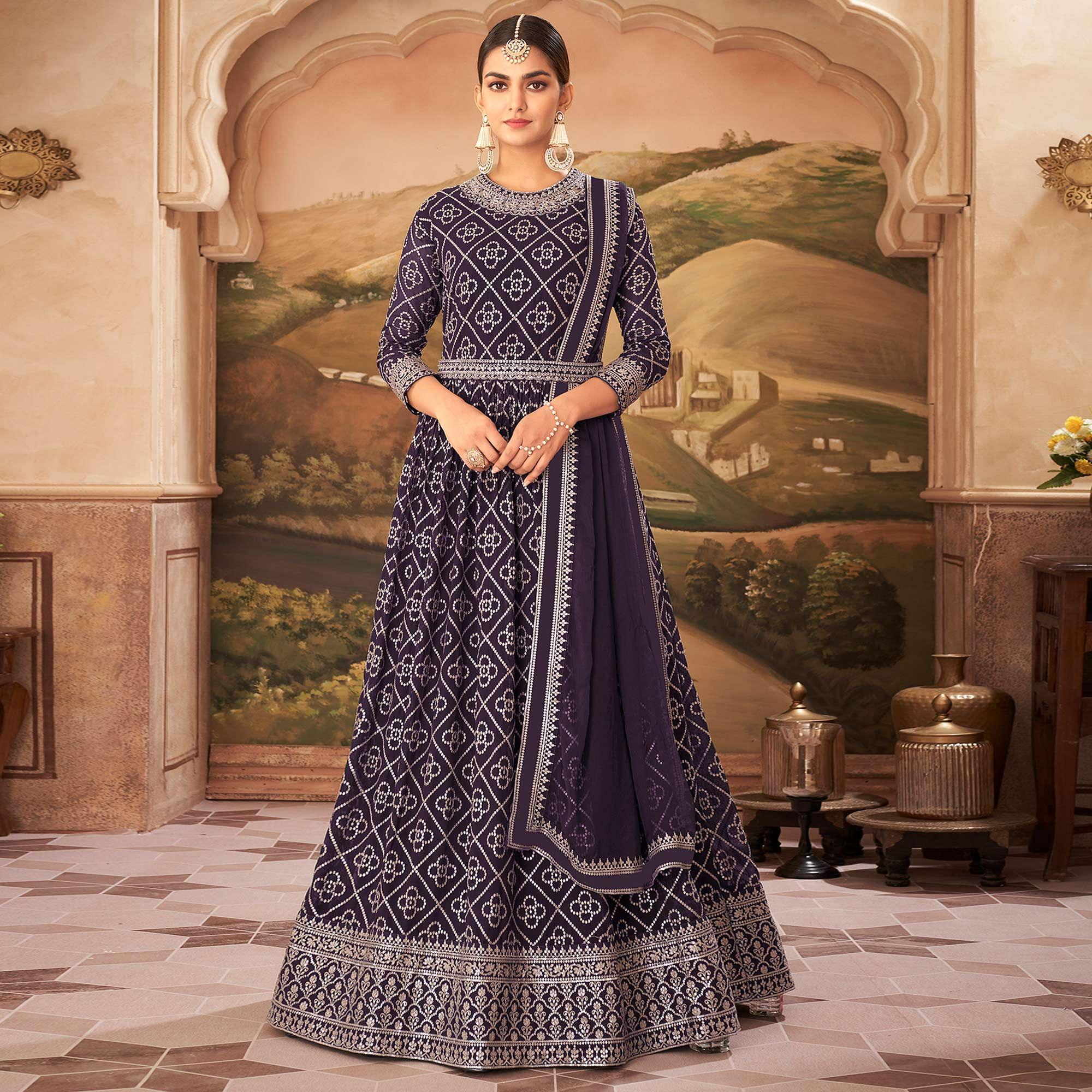 Purple Partywear Sequence Embroidered Georgette Gown - Peachmode