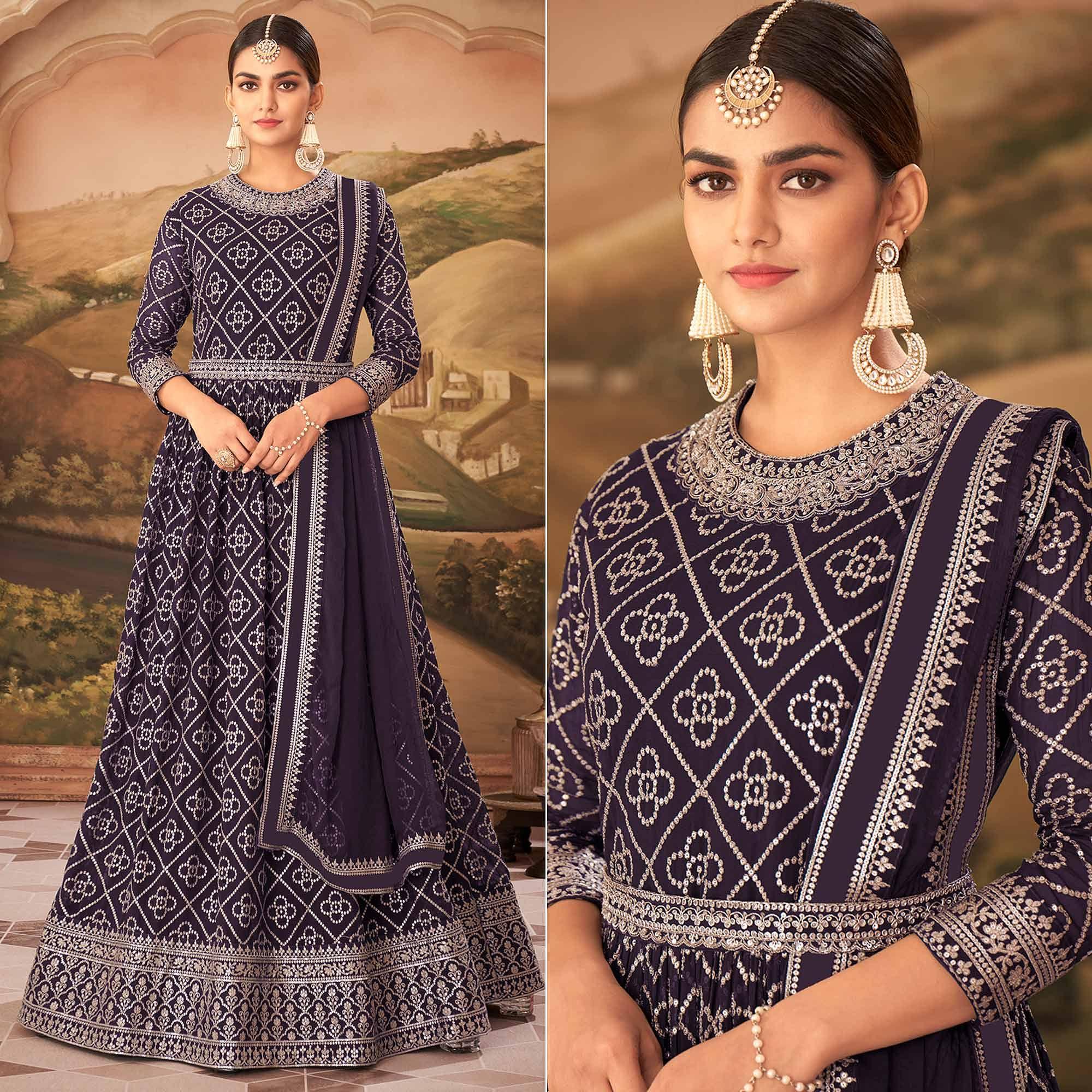 Purple Partywear Sequence Embroidered Georgette Gown - Peachmode