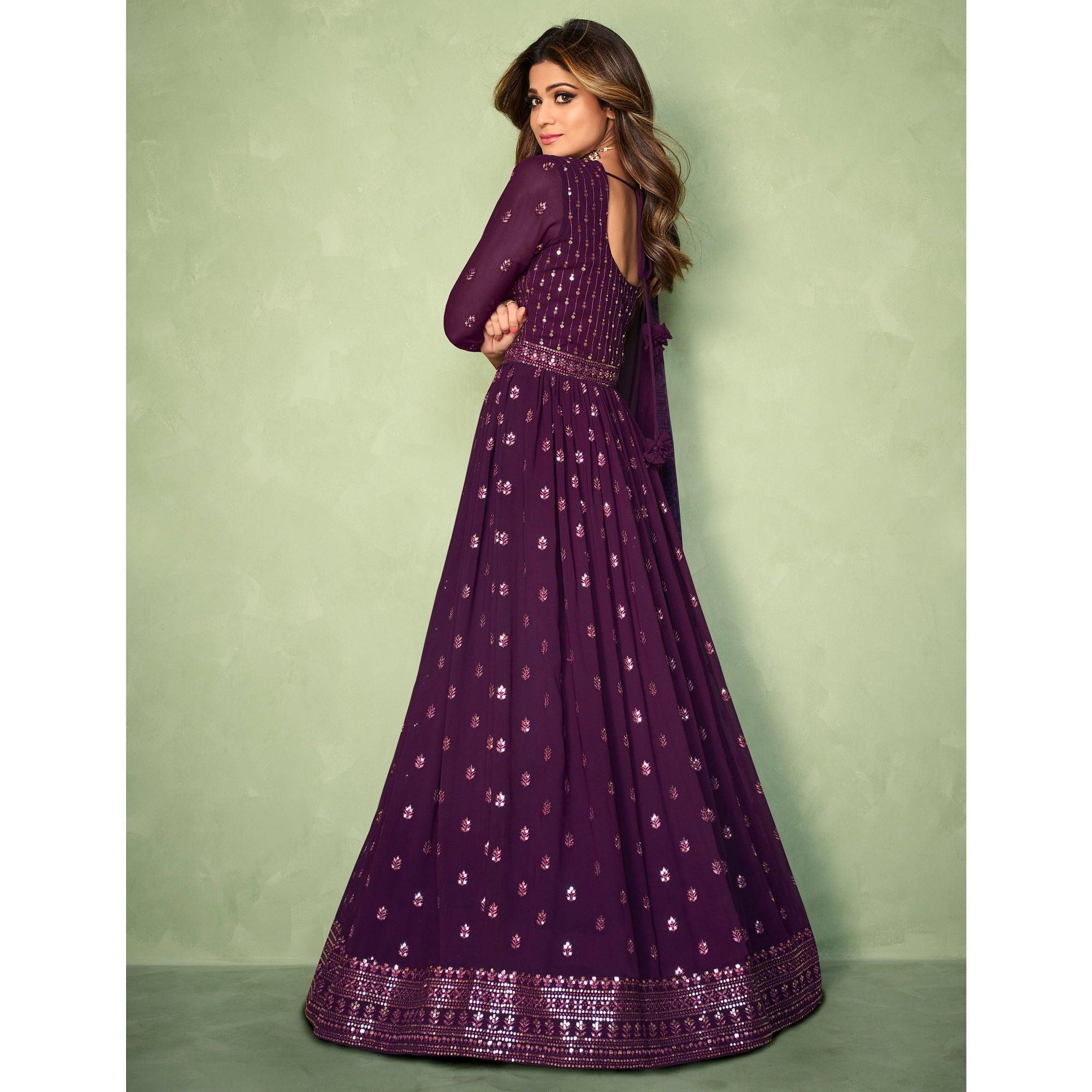 Purple Partywear Sequence Embroidered Georgette Gown - Peachmode