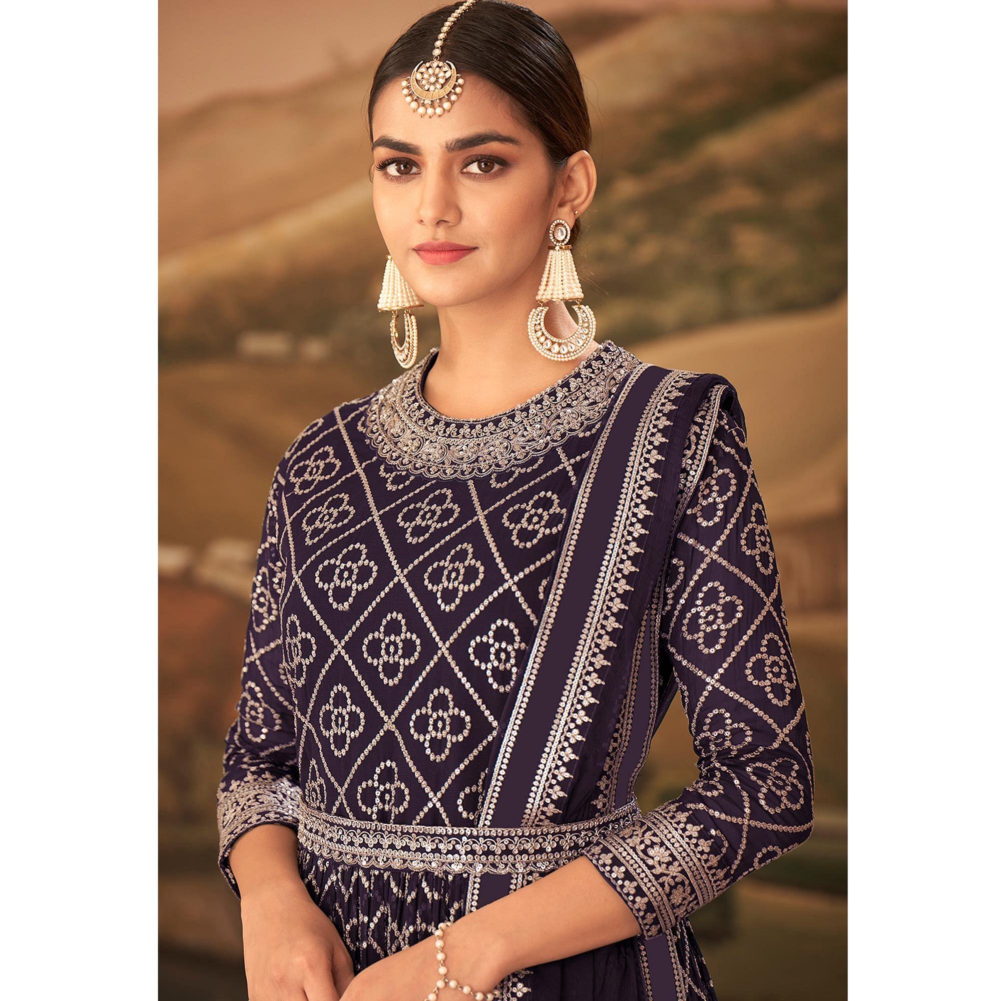 Purple Partywear Sequence Embroidered Georgette Gown - Peachmode