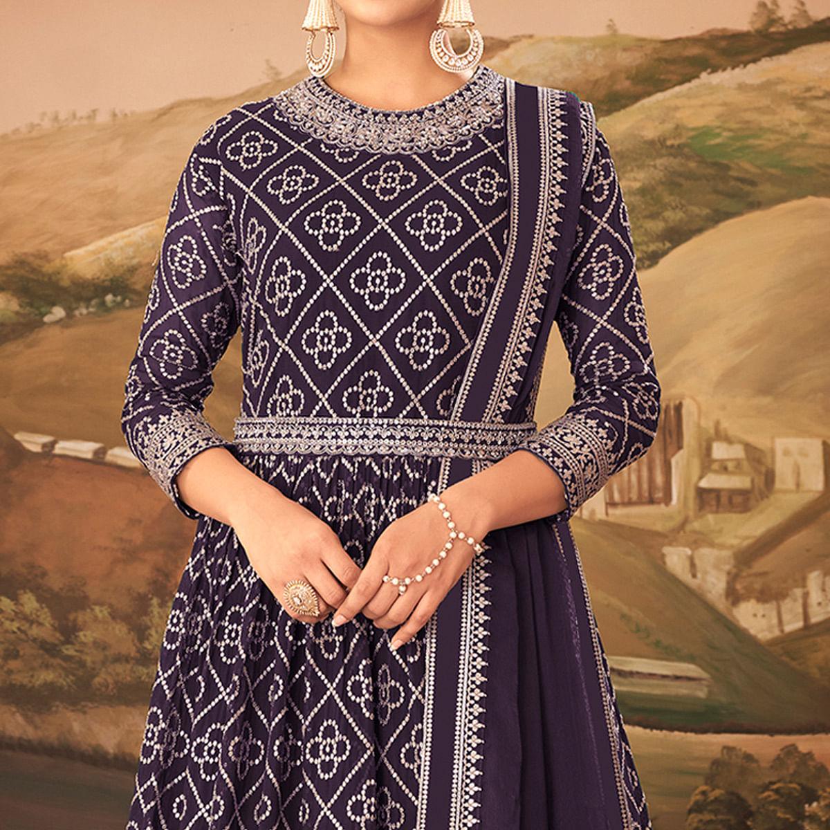 Purple Partywear Sequence Embroidered Georgette Gown - Peachmode